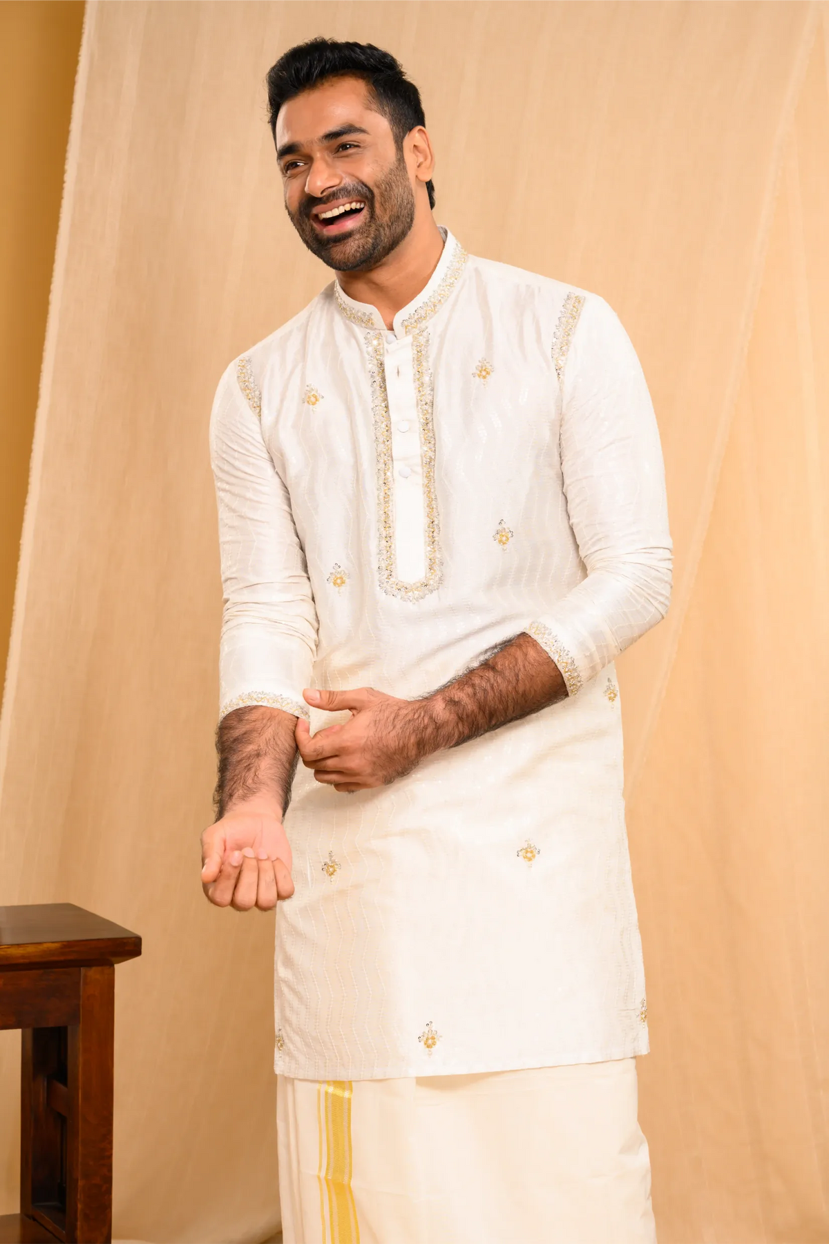 Ivory Silk Kurta with floral embroidery detailing on Shoulder Lines, Sleeves Edge & Neck (Kurta + Munde)