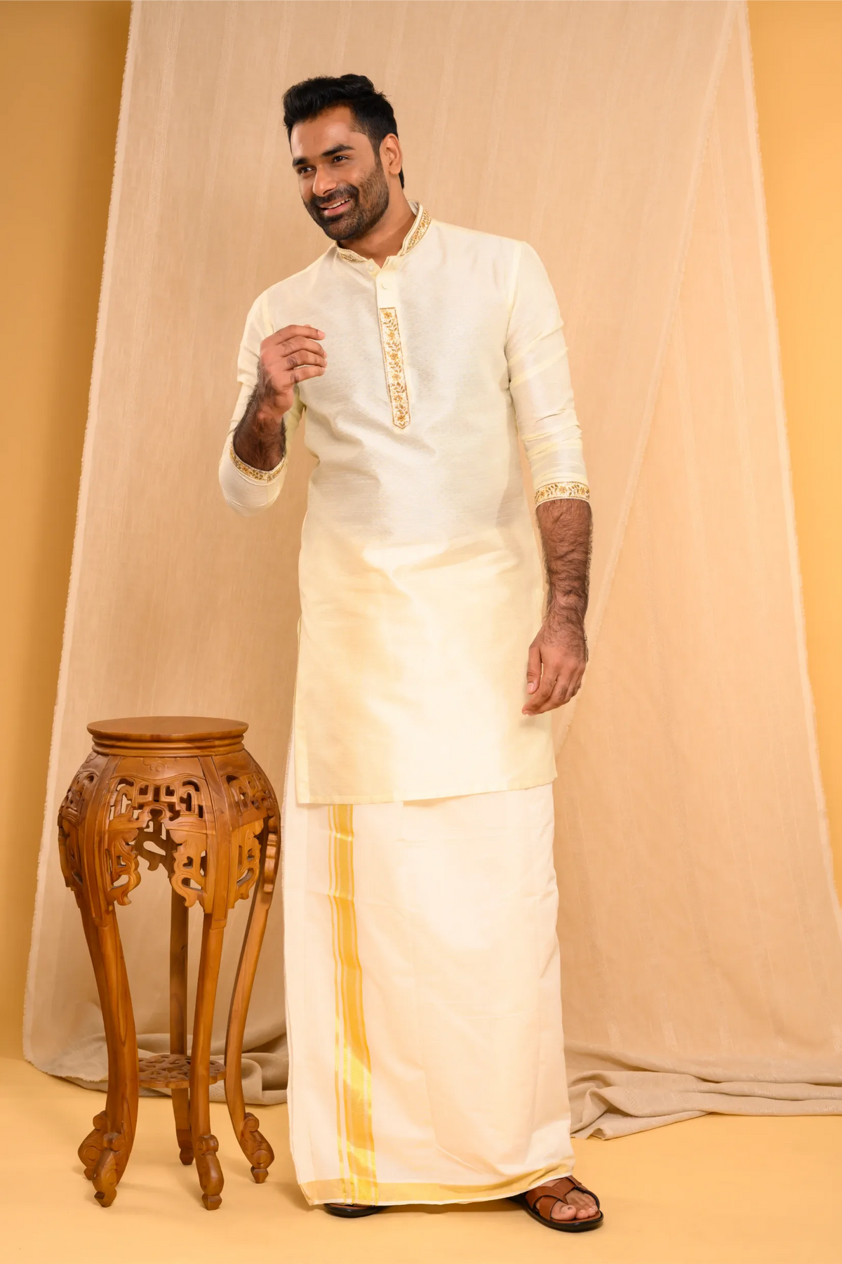Self Design Silk Kurta with Light Hand Embroidery detailing on placket, sleeve edge & Neck (Kurta + Munde + Melmunde)