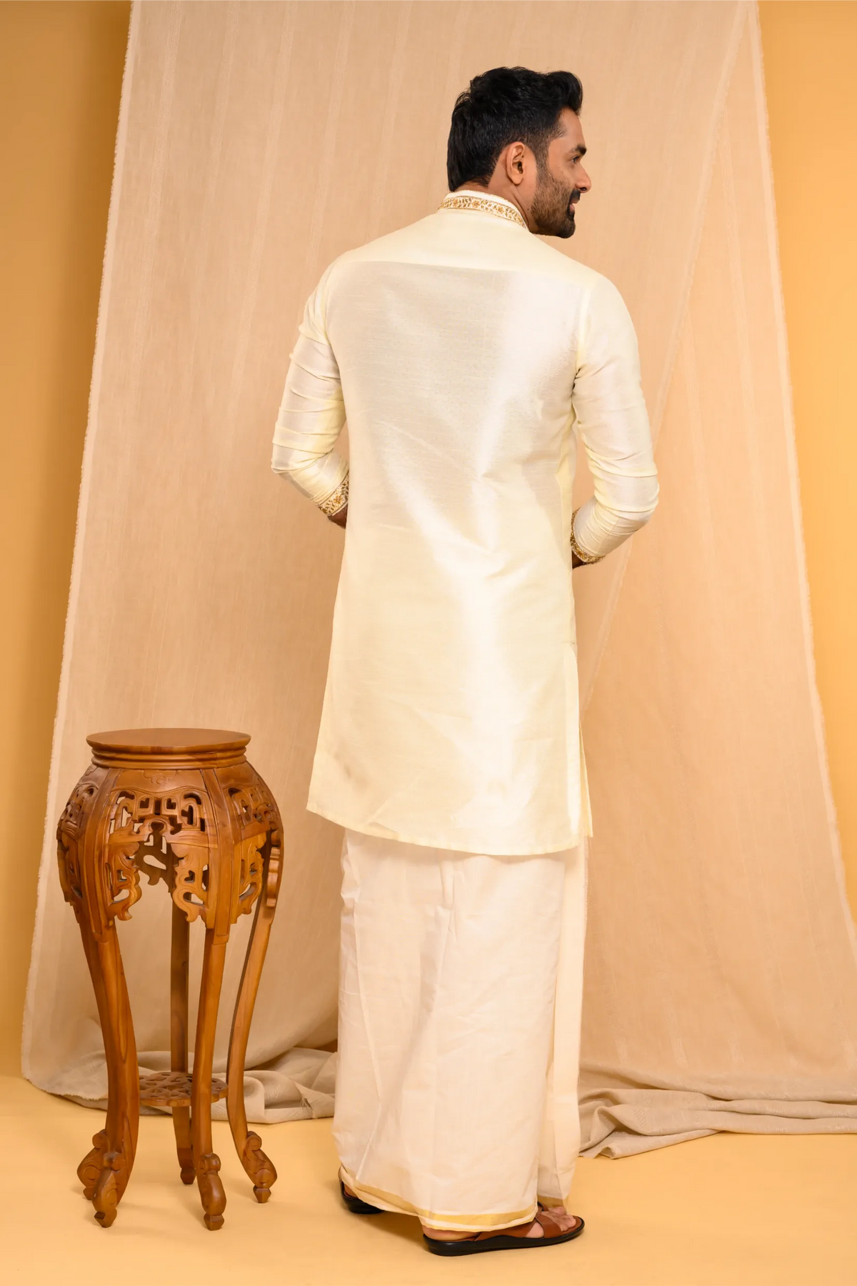 Self Design Silk Kurta with Light Hand Embroidery detailing on placket, sleeve edge & Neck (Kurta + Munde + Melmunde)