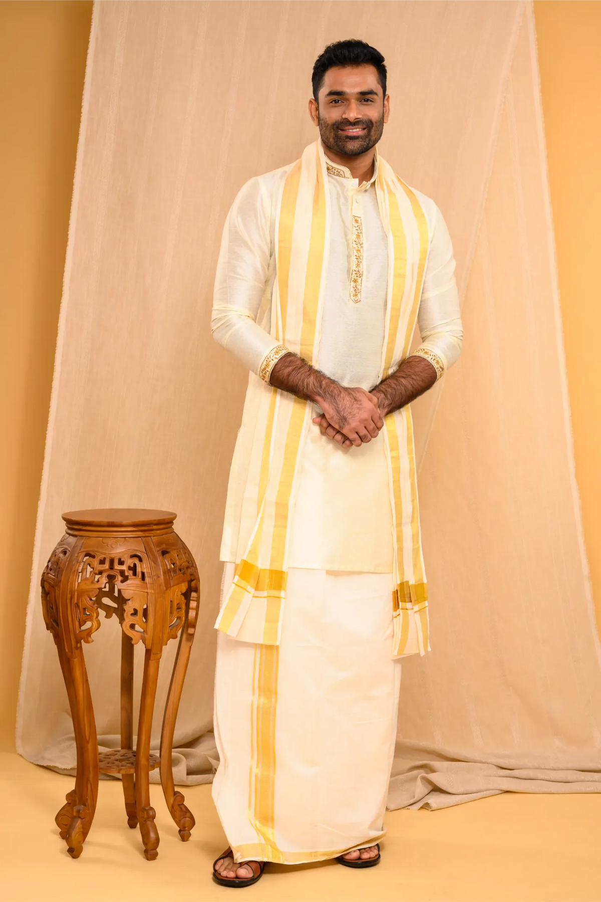 Self Design Silk Kurta with Light Hand Embroidery detailing on placket, sleeve edge & Neck (Kurta + Munde + Melmunde)