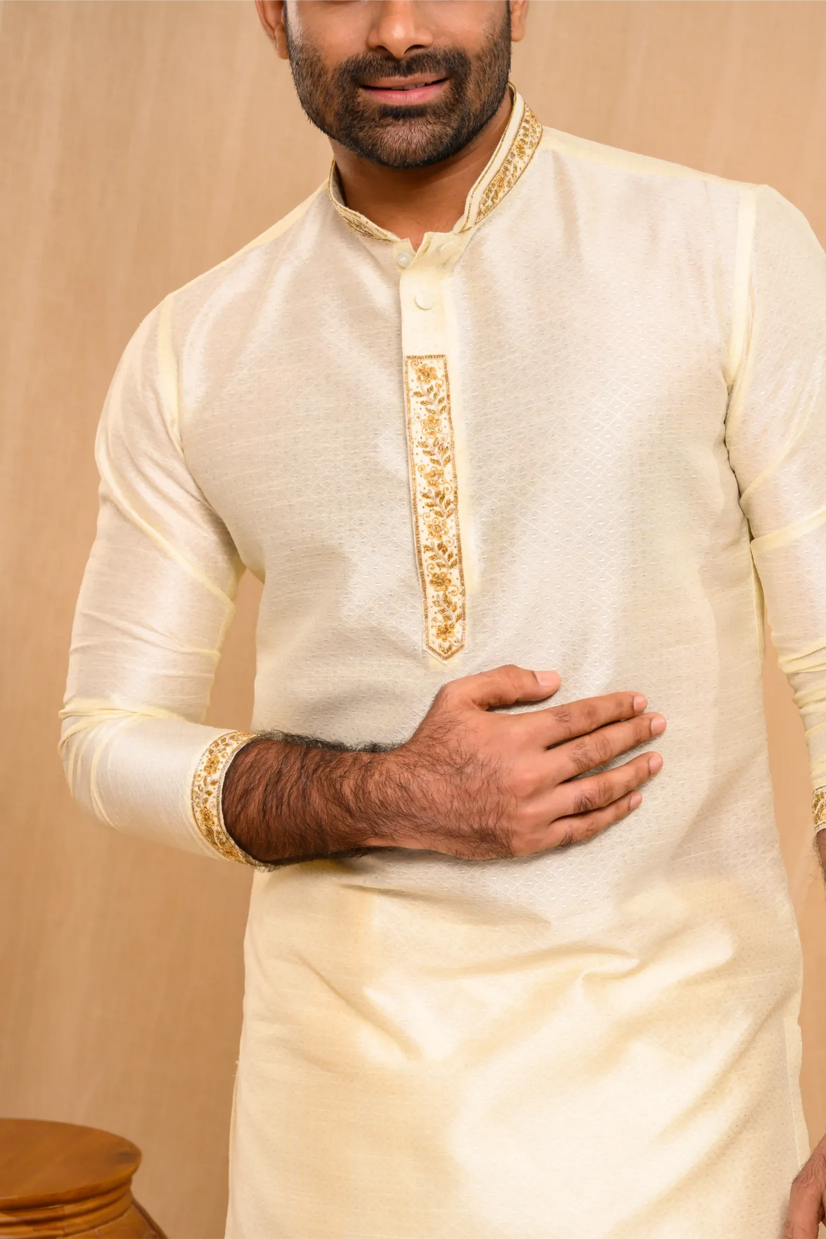 Self Design Silk Kurta with Light Hand Embroidery detailing on placket, sleeve edge & Neck (Kurta + Munde + Melmunde)