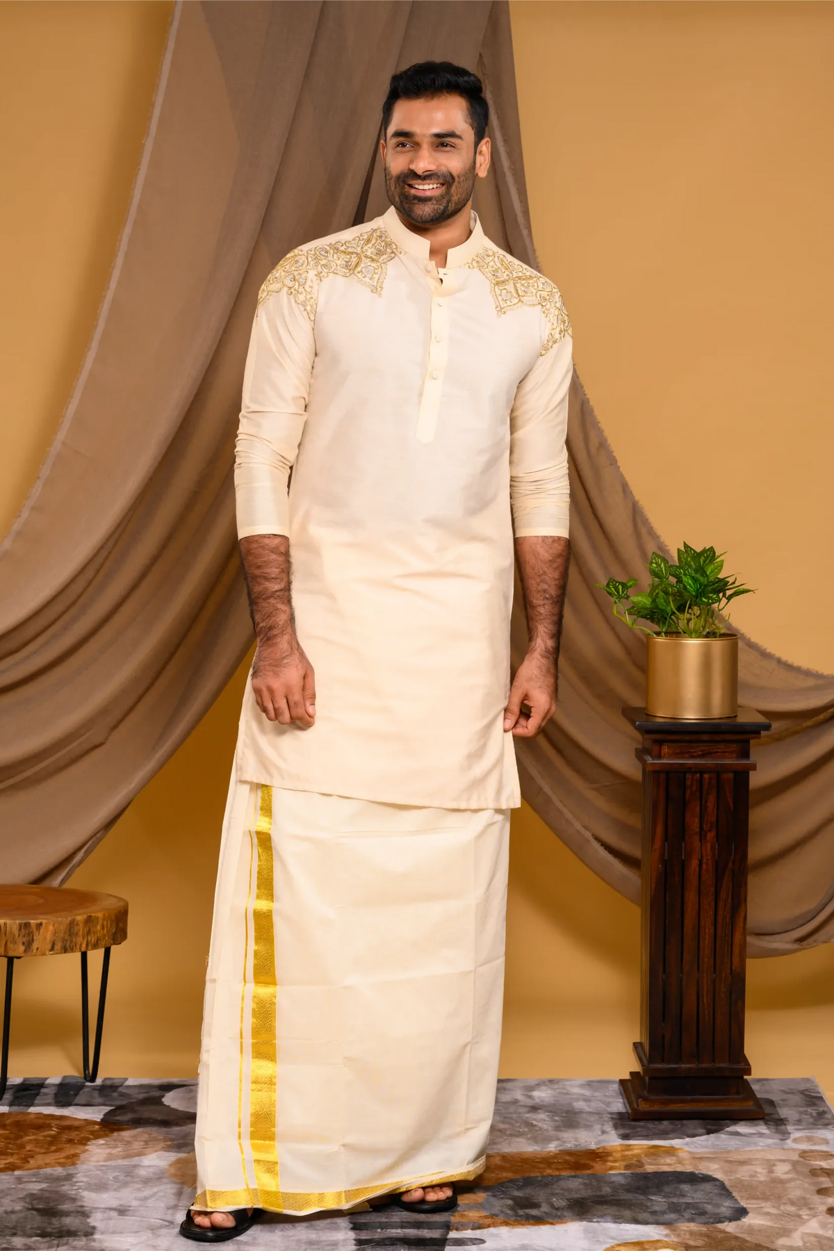 Light Sand Golden Silk Kurta with Heavy Hand Embroidery detailing on Shoulder (Kurta + Munde)