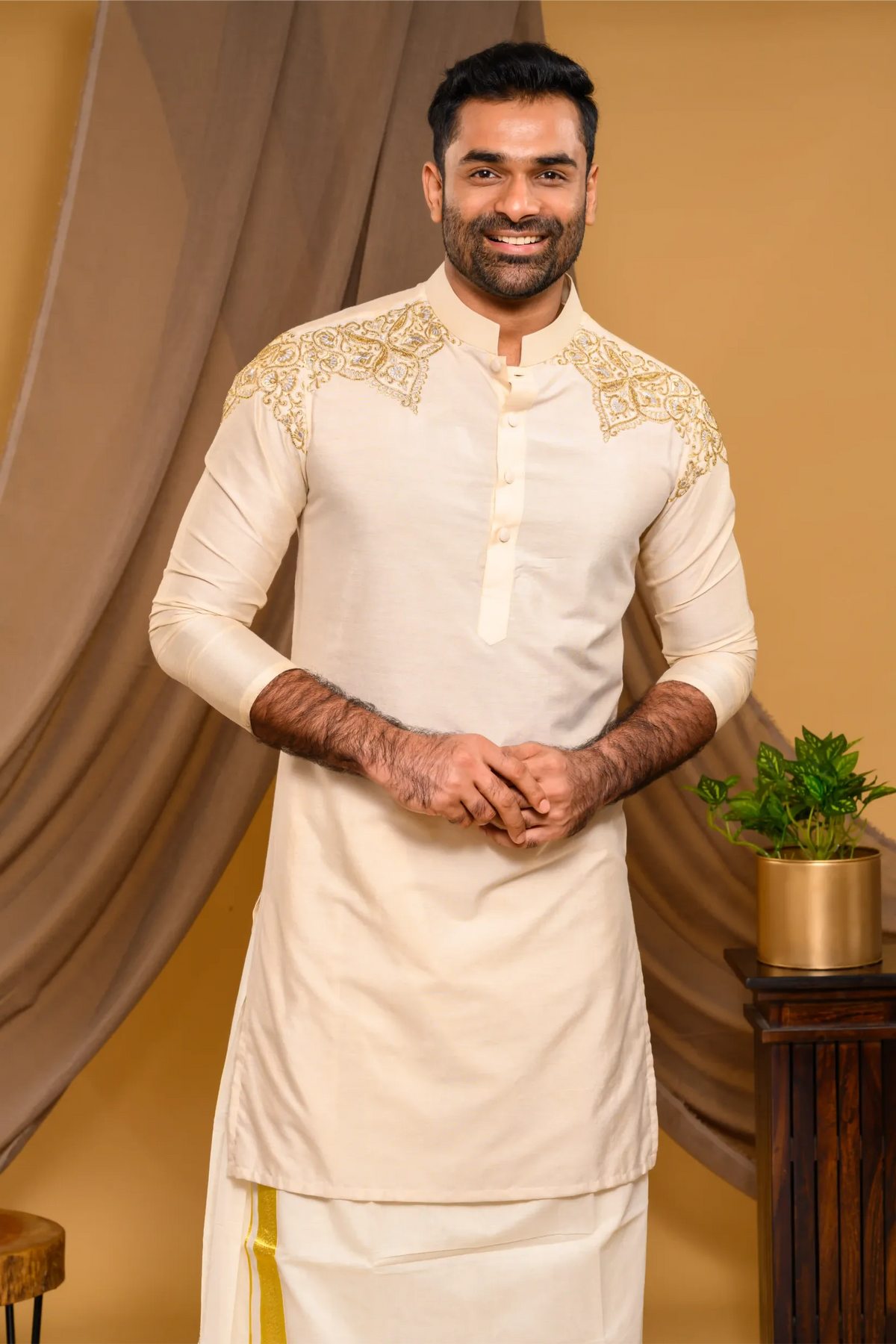 Light Sand Golden Silk Kurta with Heavy Hand Embroidery detailing on Shoulder (Kurta + Munde)