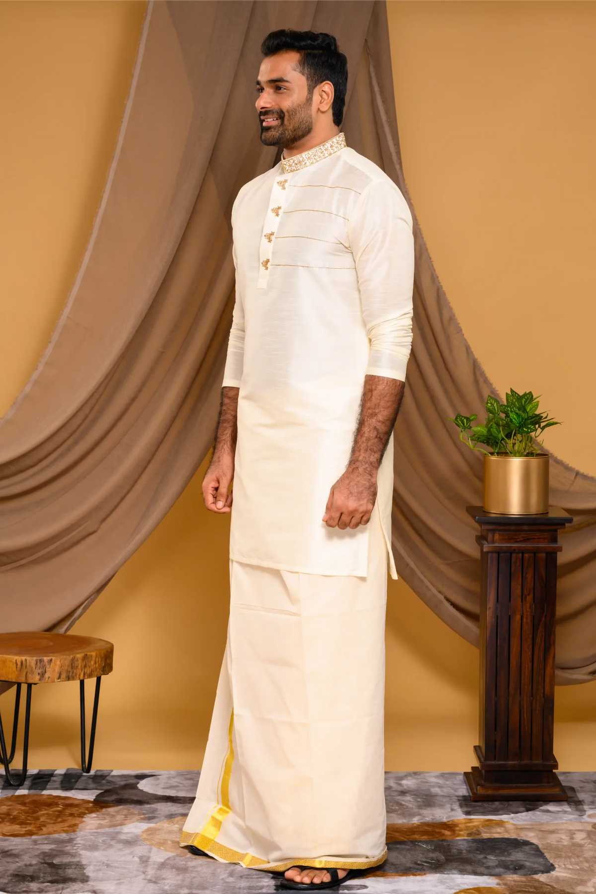 Ivory Silk Kurta with Hand Embroidery detailing on Neck & Zari Detailing on Chest (Kurta Only)