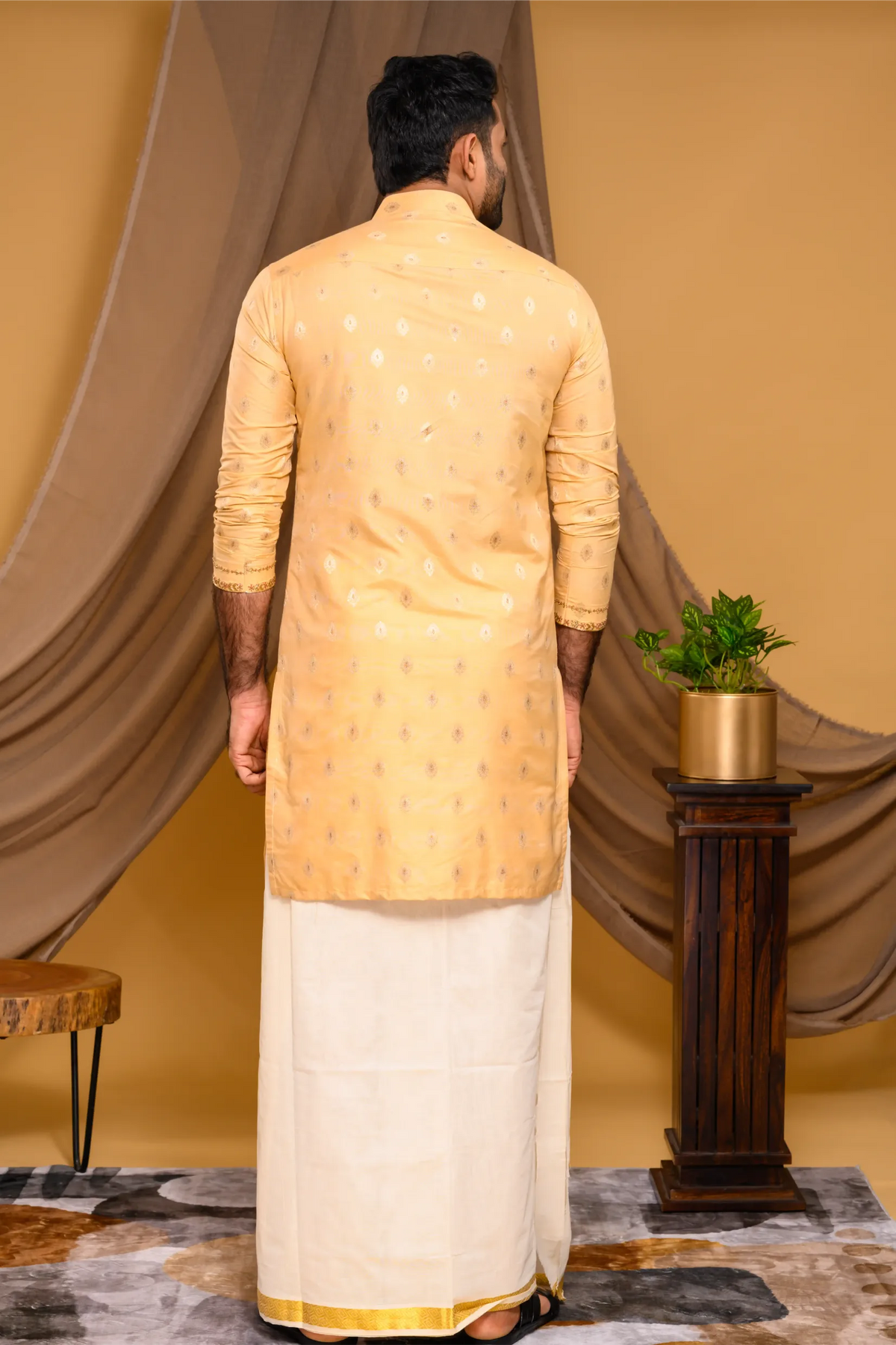 Golden Silk Brocade Kurta with Heavy Golden Handwork detailing on wide placket border & sleeve edge (Kurta + Munde)