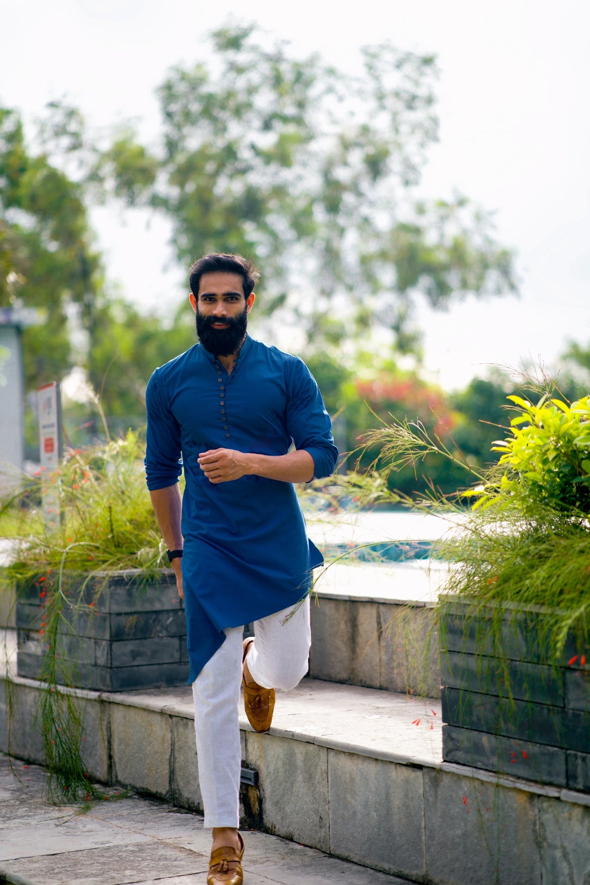 Azure Blue Asymmetrical Kurta Set (Kurta + White Bottom Pants)
