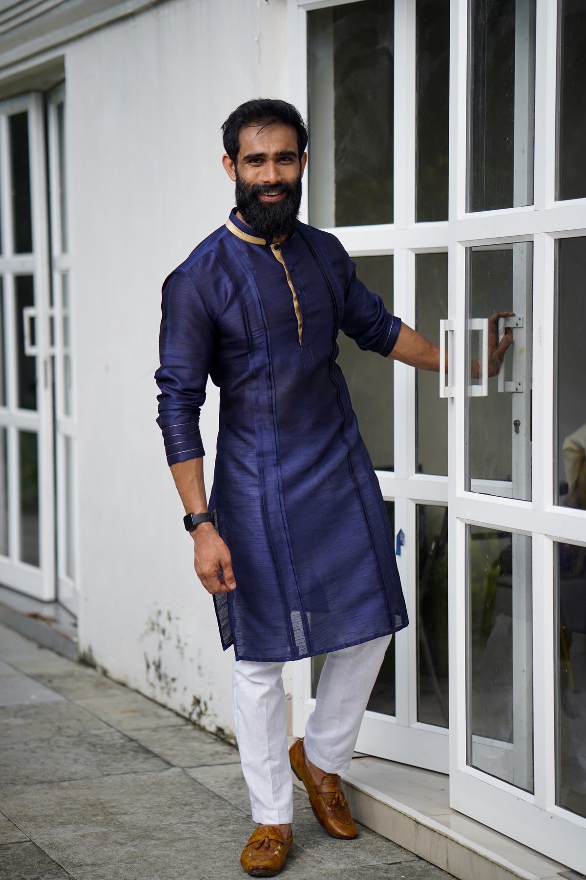 Navy Blue Pleated Kurta Set with Golden Detailing (Kurta + White Bottom Pants)