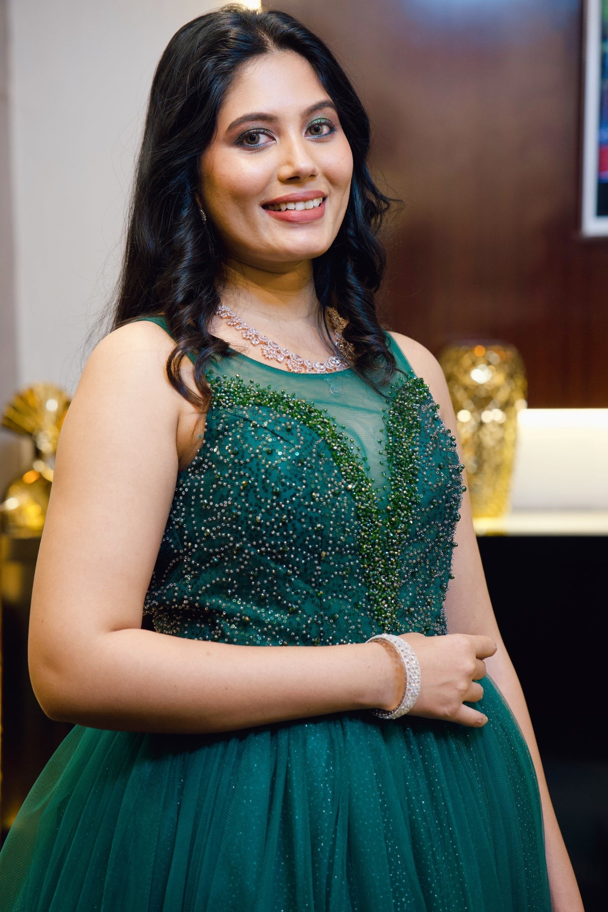 Evening Tulle Gown With Self Stone Hand Embroidery