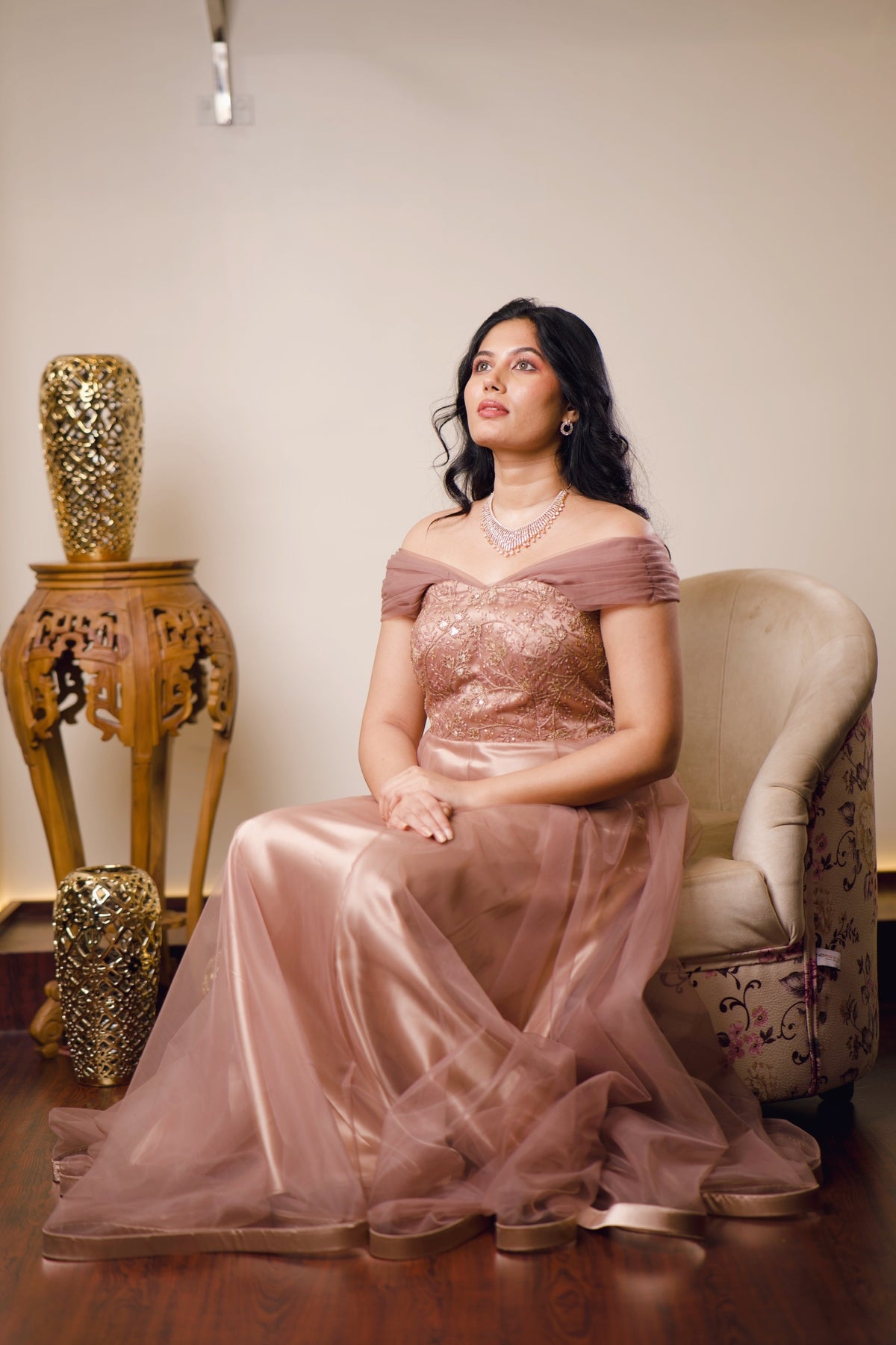 Beaver Brown Evening Gown With Golden Embroidery