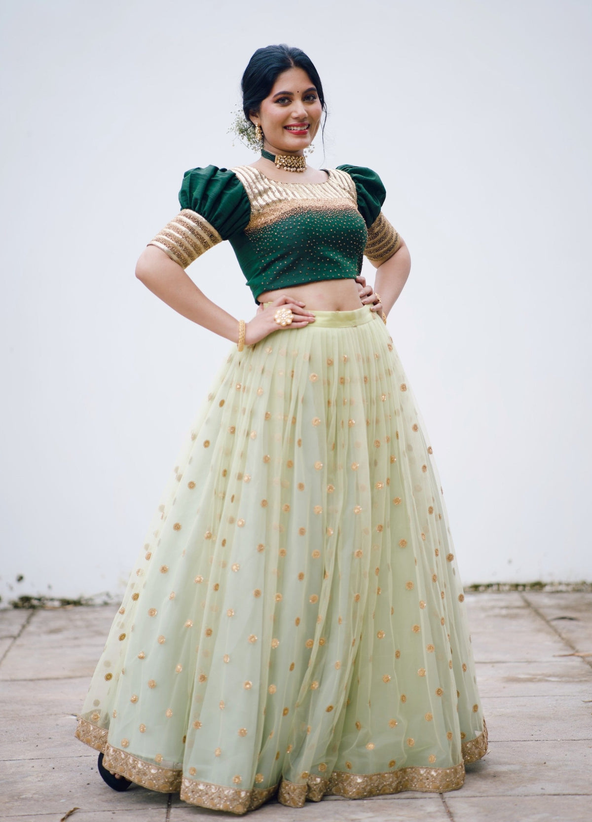 Forest / Pastel Green Lehenga Detailed with Golden Bead Hand Work