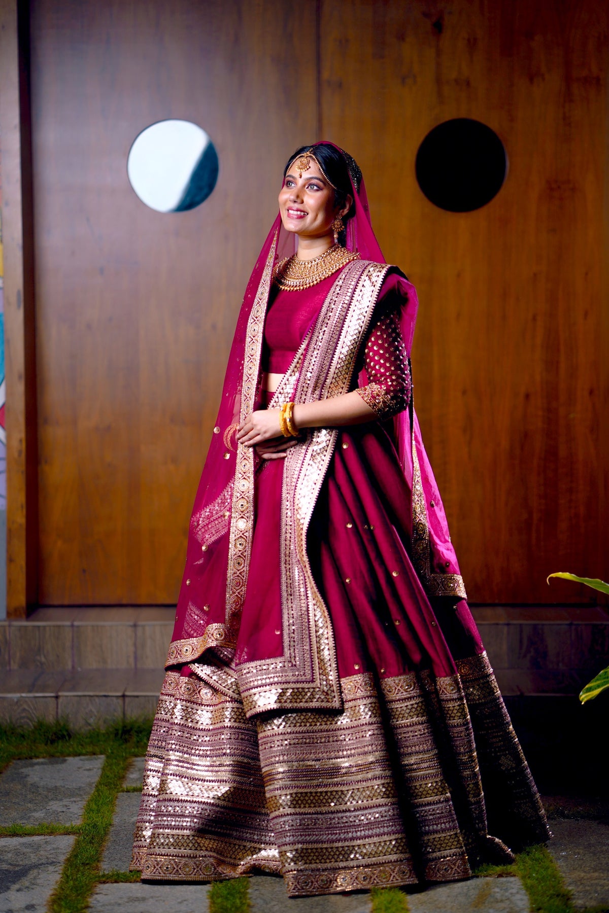 Heavy Bridal Ruby Pink Lehenga Detailed with Golden Hand Work