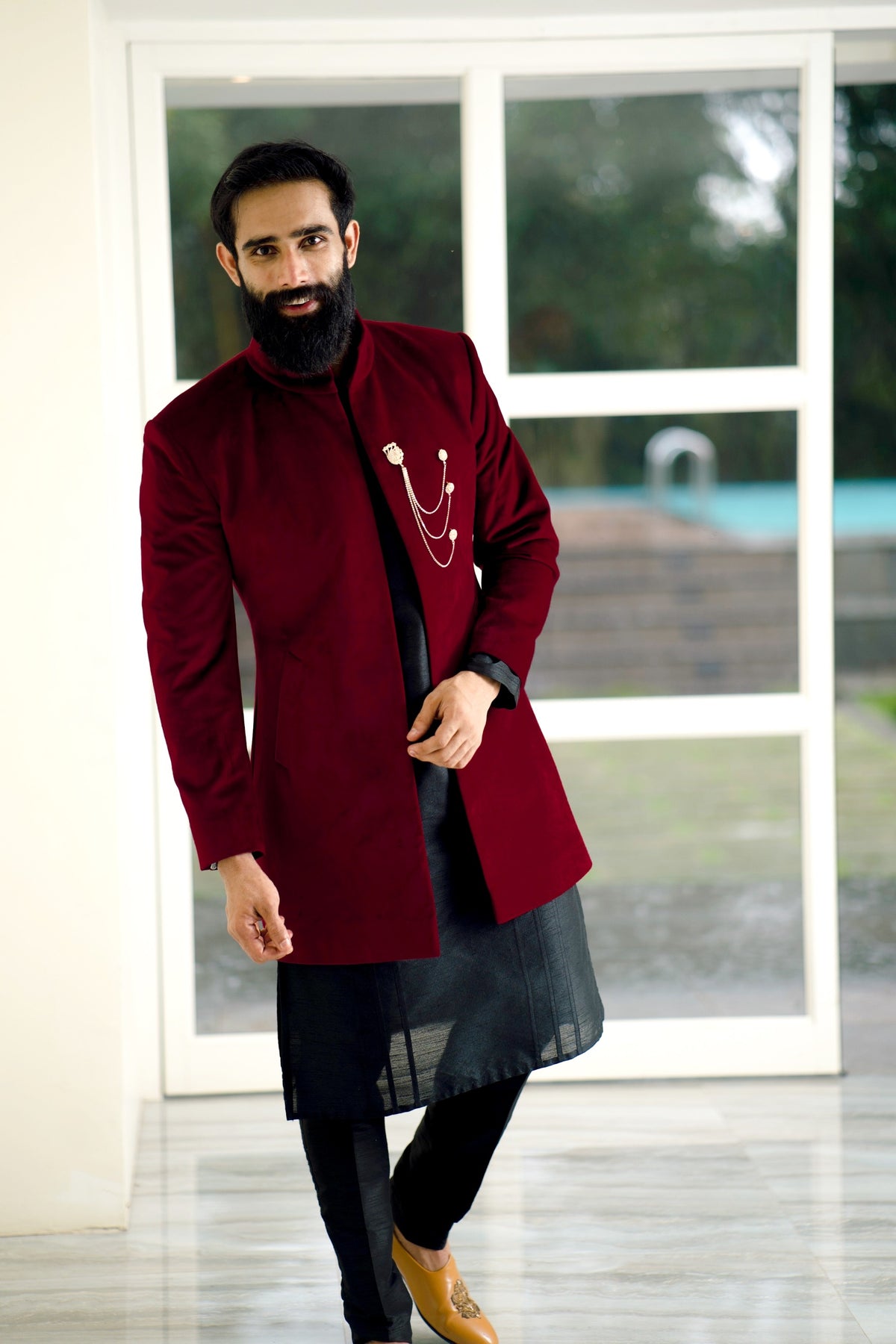 Wine Red Open Indo Western Slim Jacket with paired with Black Kurta & Black Narrow Pants (Set of 3)