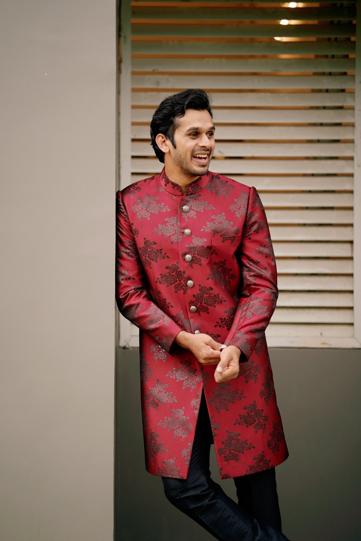 Floral Print Sangria Red Indo Western Slim Achkan Suit paired with Black Naroow Pants (Set of 3)