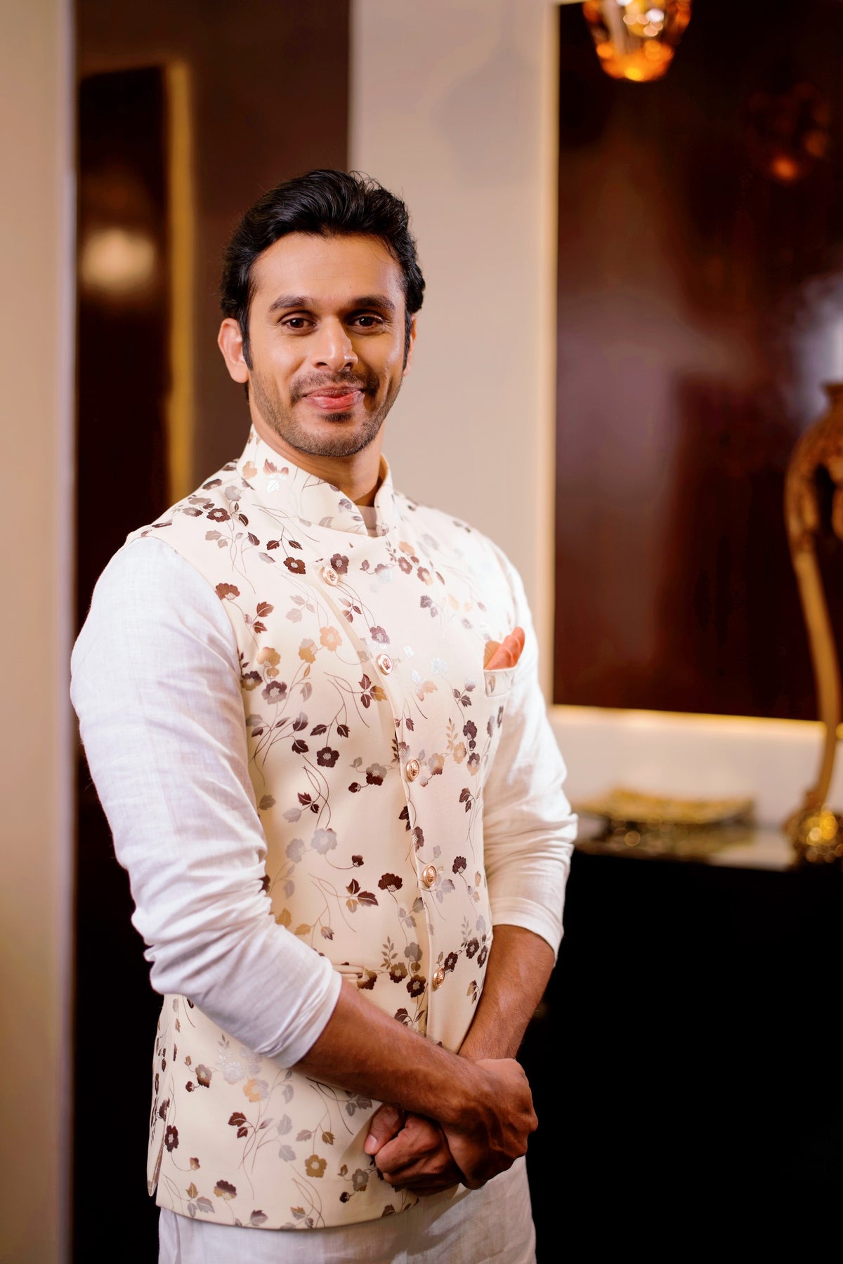 Floral Foil Print Nehru Jacket with White Kurta & White Bottom (Set of 3)