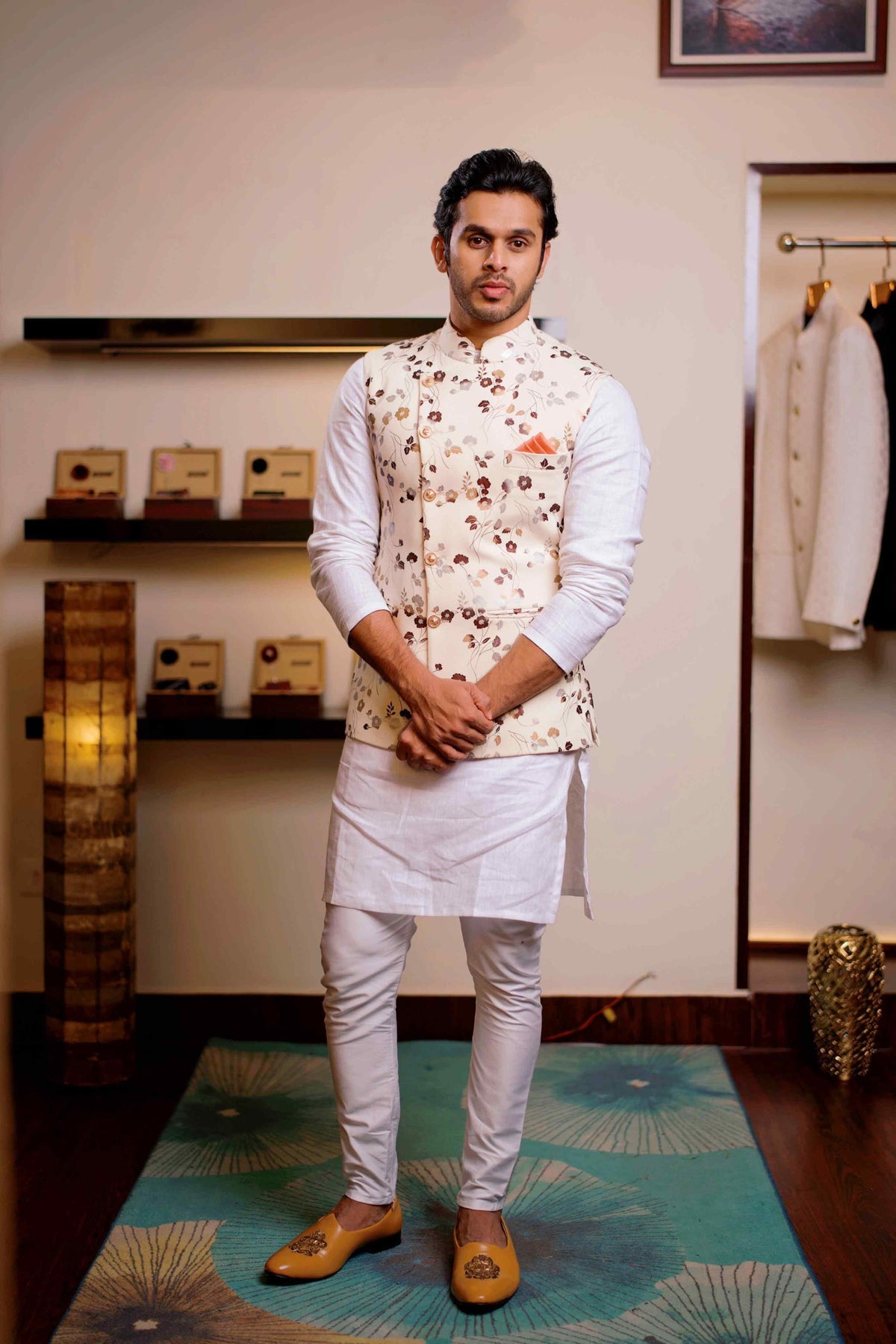 Floral Foil Print Nehru Jacket with White Kurta & White Bottom (Set of 3)