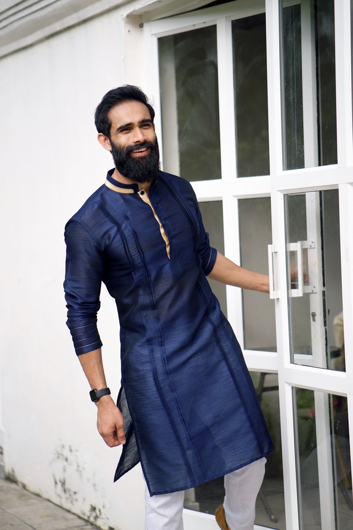 Navy Blue Pleated Kurta with Golden Detailing (Only Kurta)