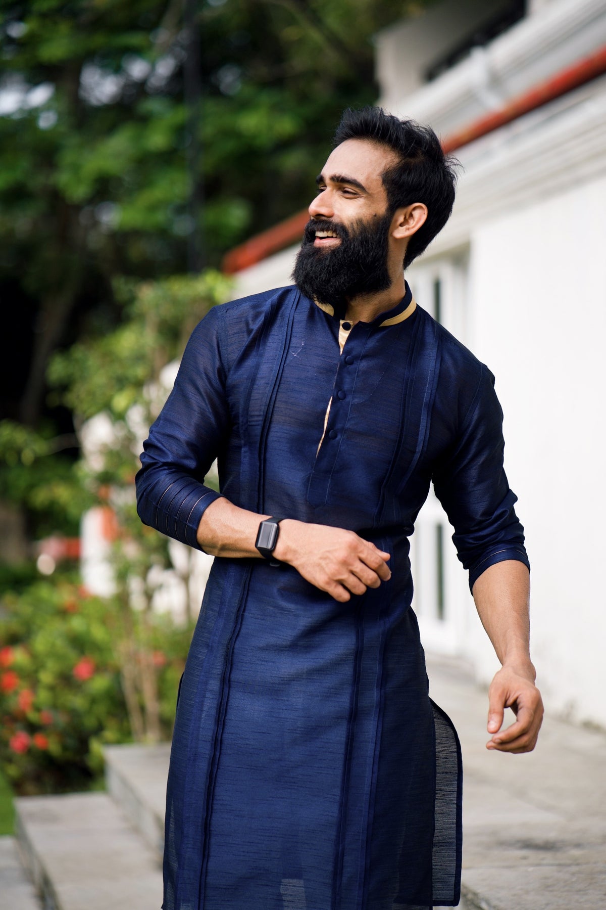 Navy Blue Pleated Kurta with Golden Detailing (Only Kurta)