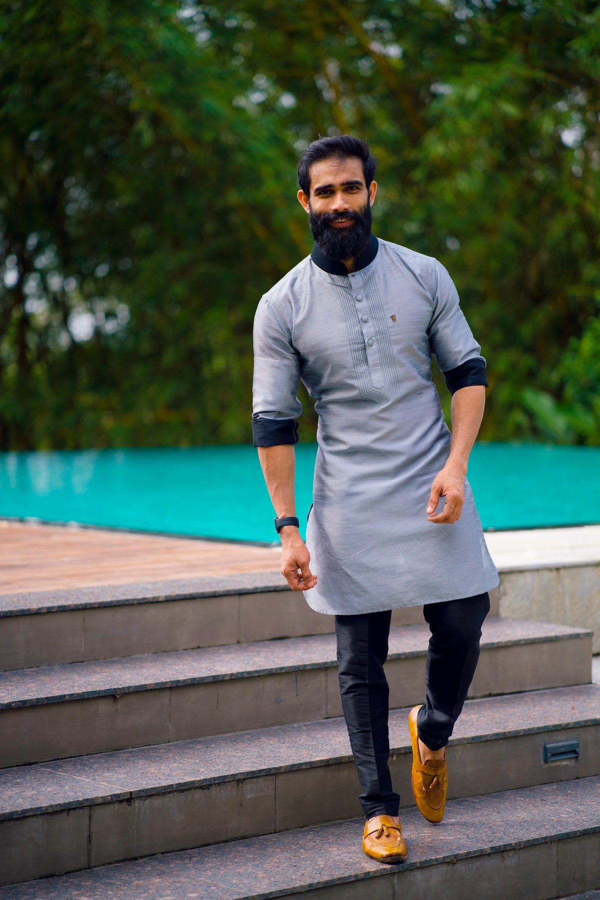 Coin Grey Kurta with Black Contrast Stitch Detailing (Only Kurta)