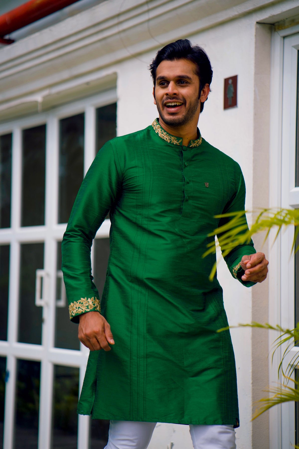Cadmium Green Kurta Set Detailed with Handwork on Neck & Sleeves (Kurta + White Bottom Pants)