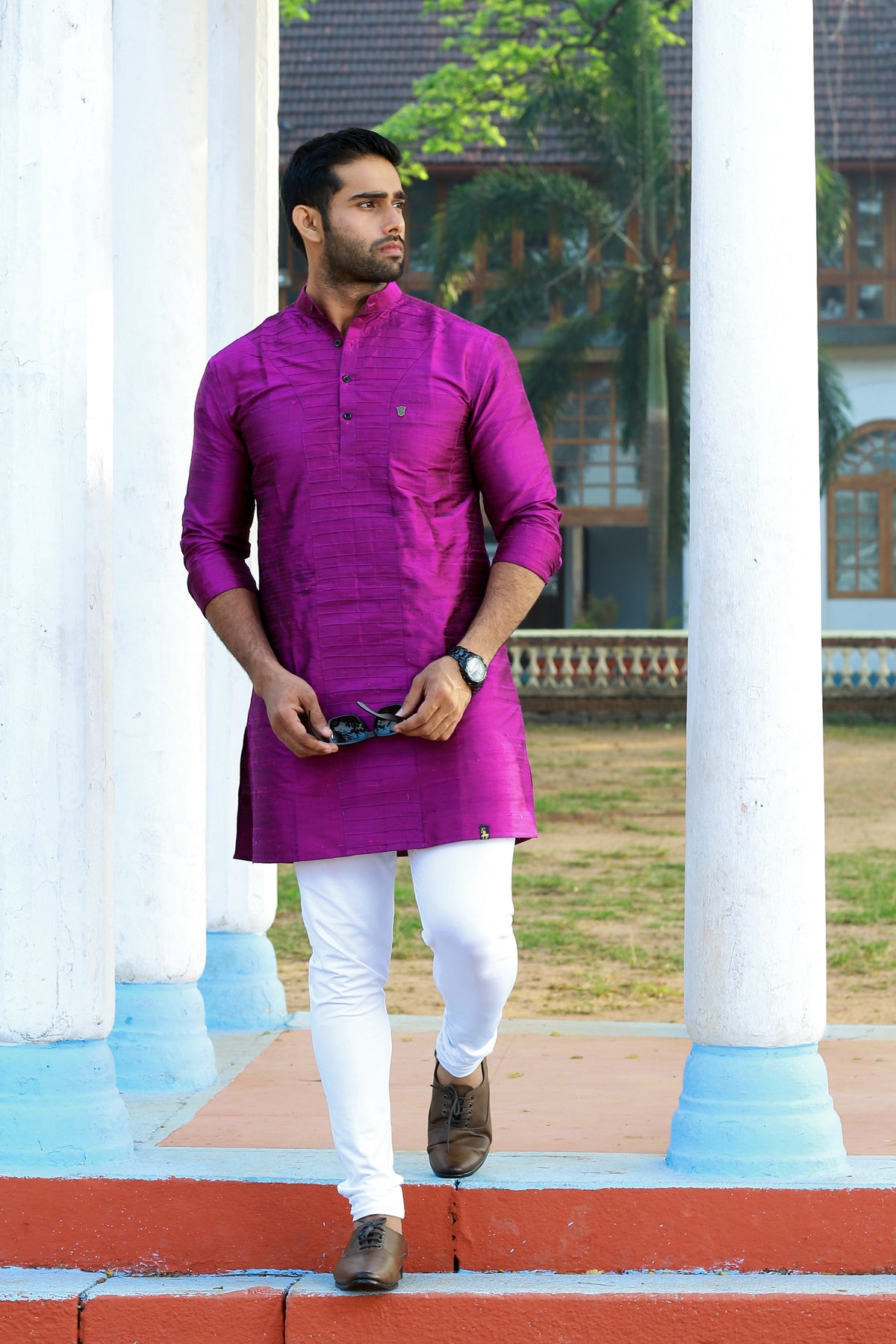 Sangria Purple Self Tucked Kurta Set (Kurta + White Bottom Pants)