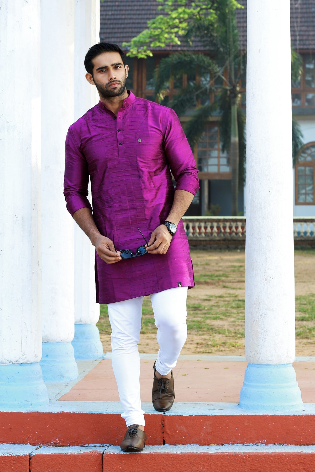 Sangria Purple Self Tucked Kurta Set (Kurta + White Bottom Pants)