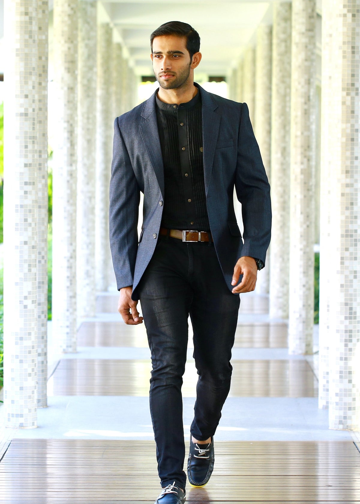 Grey Casual Blazer Set with Black Pleated Shirt & Pants (Set of 3)