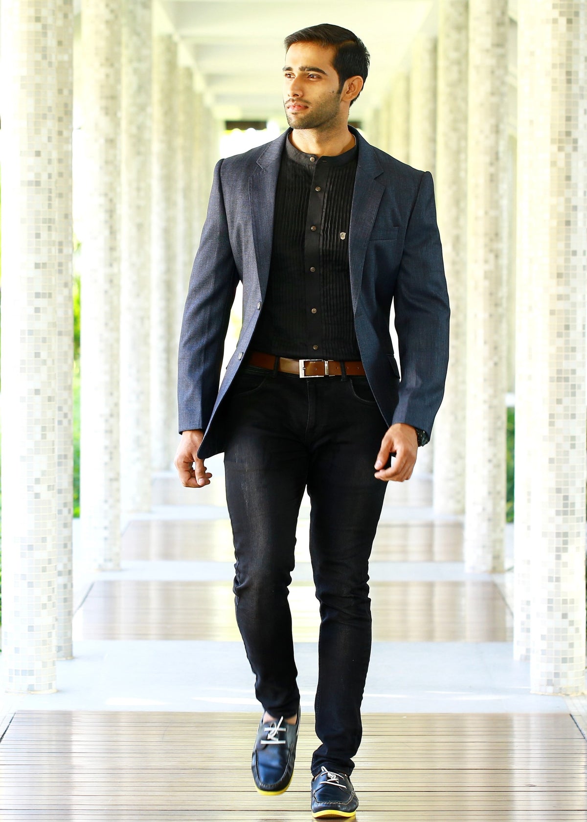Grey Casual Blazer Set with Black Pleated Shirt & Pants (Set of 3)