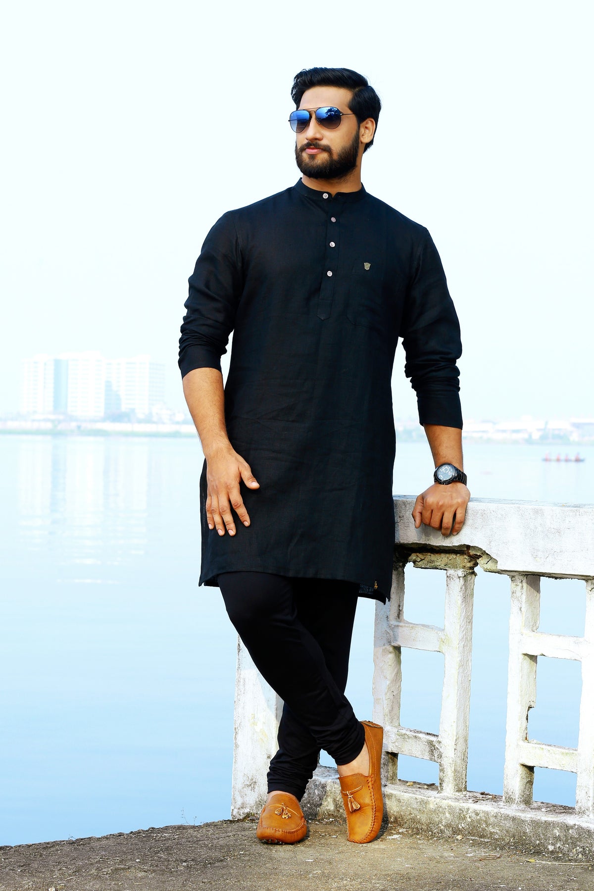 Raven Black Irish Linen Kurta Set (Kurta + Black Bottom Pants)