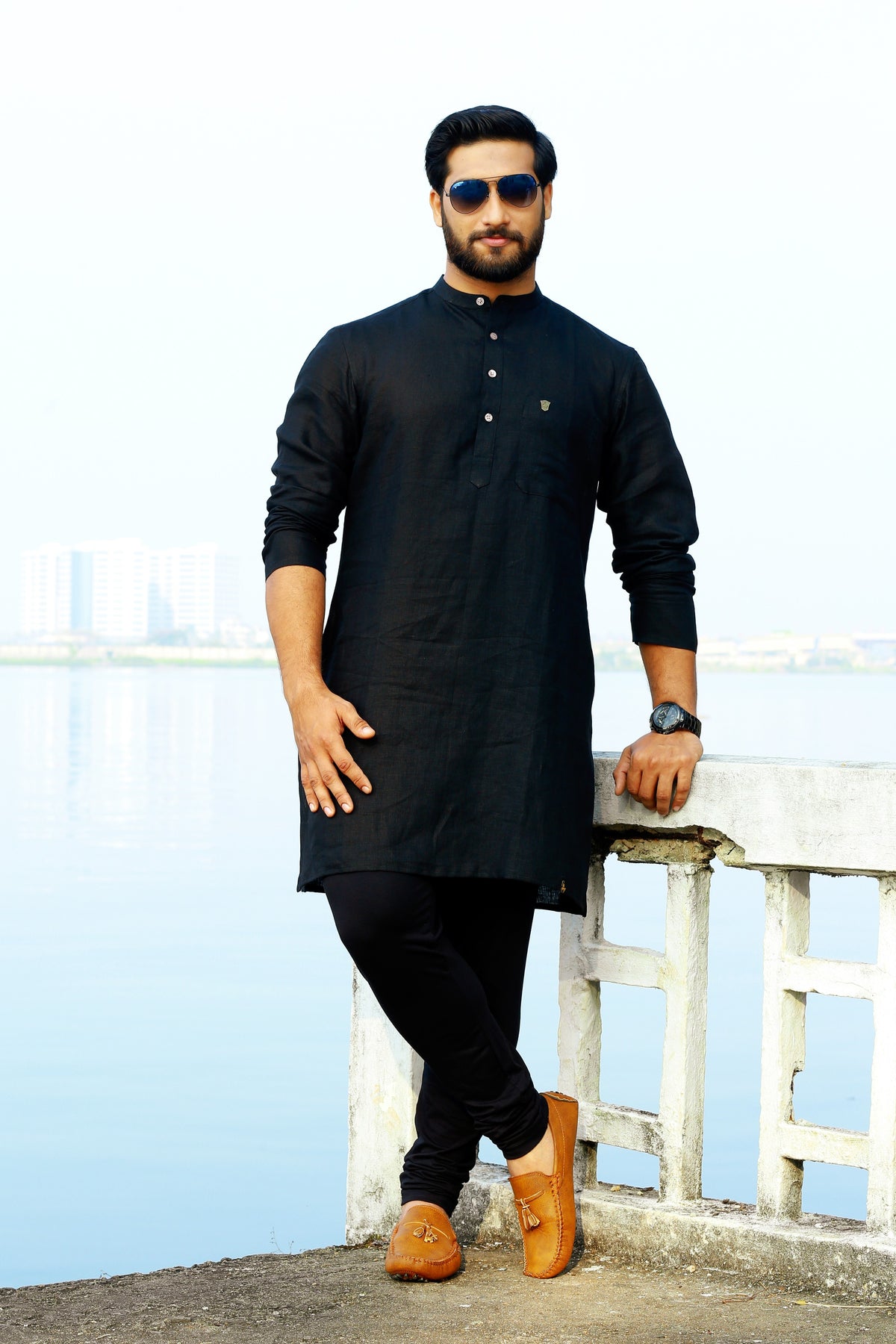 Raven Black Irish Linen Kurta Set (Kurta + Black Bottom Pants)