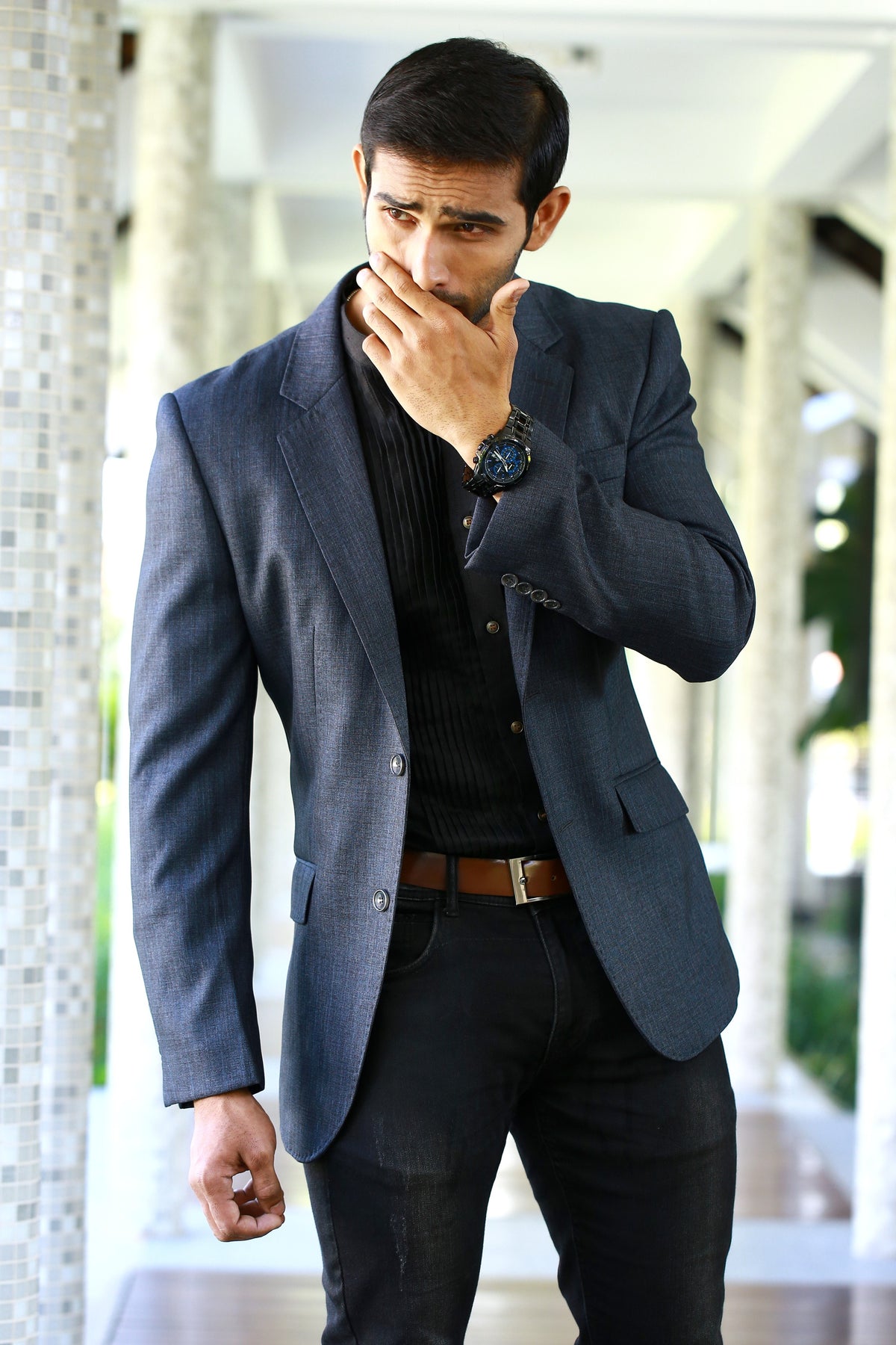 Grey Casual Blazer Set with Black Pleated Shirt & Pants (Set of 3)