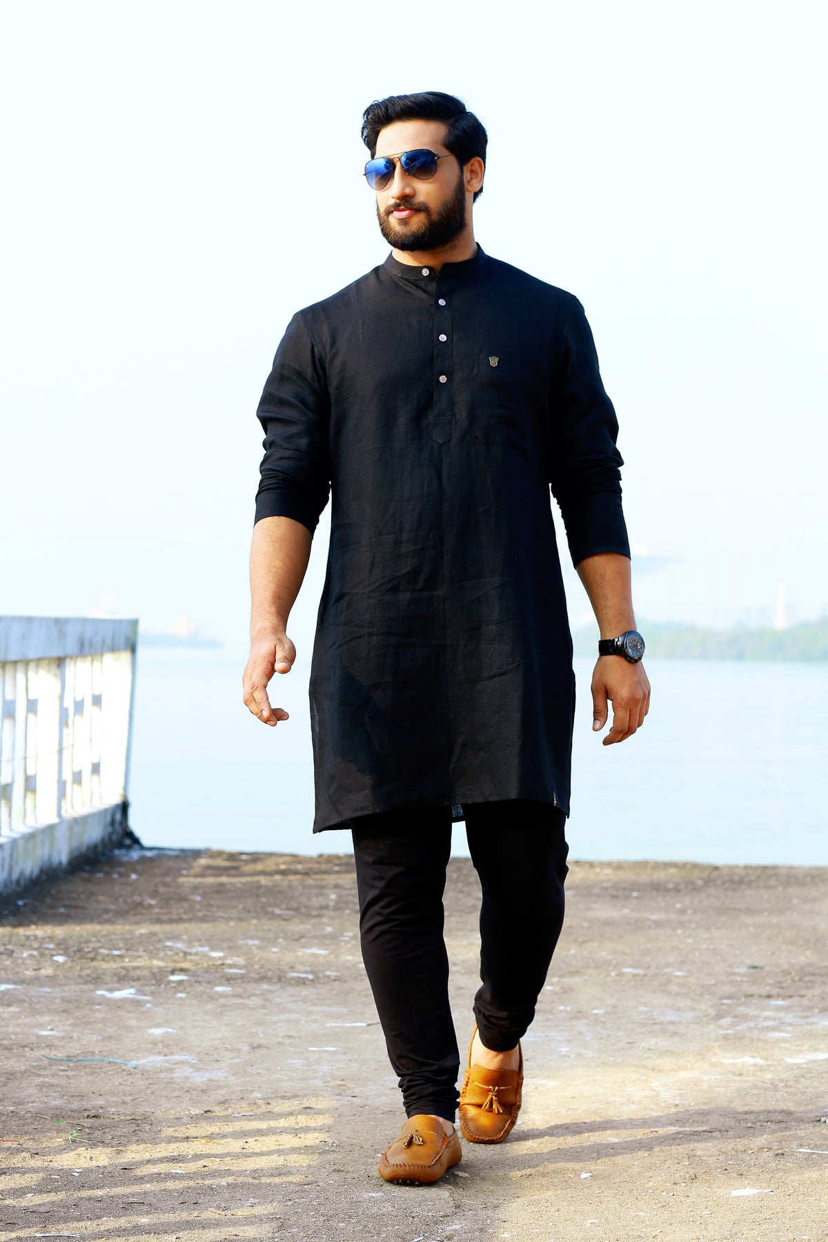 Raven Black Irish Linen Kurta Set (Kurta + Black Bottom Pants)