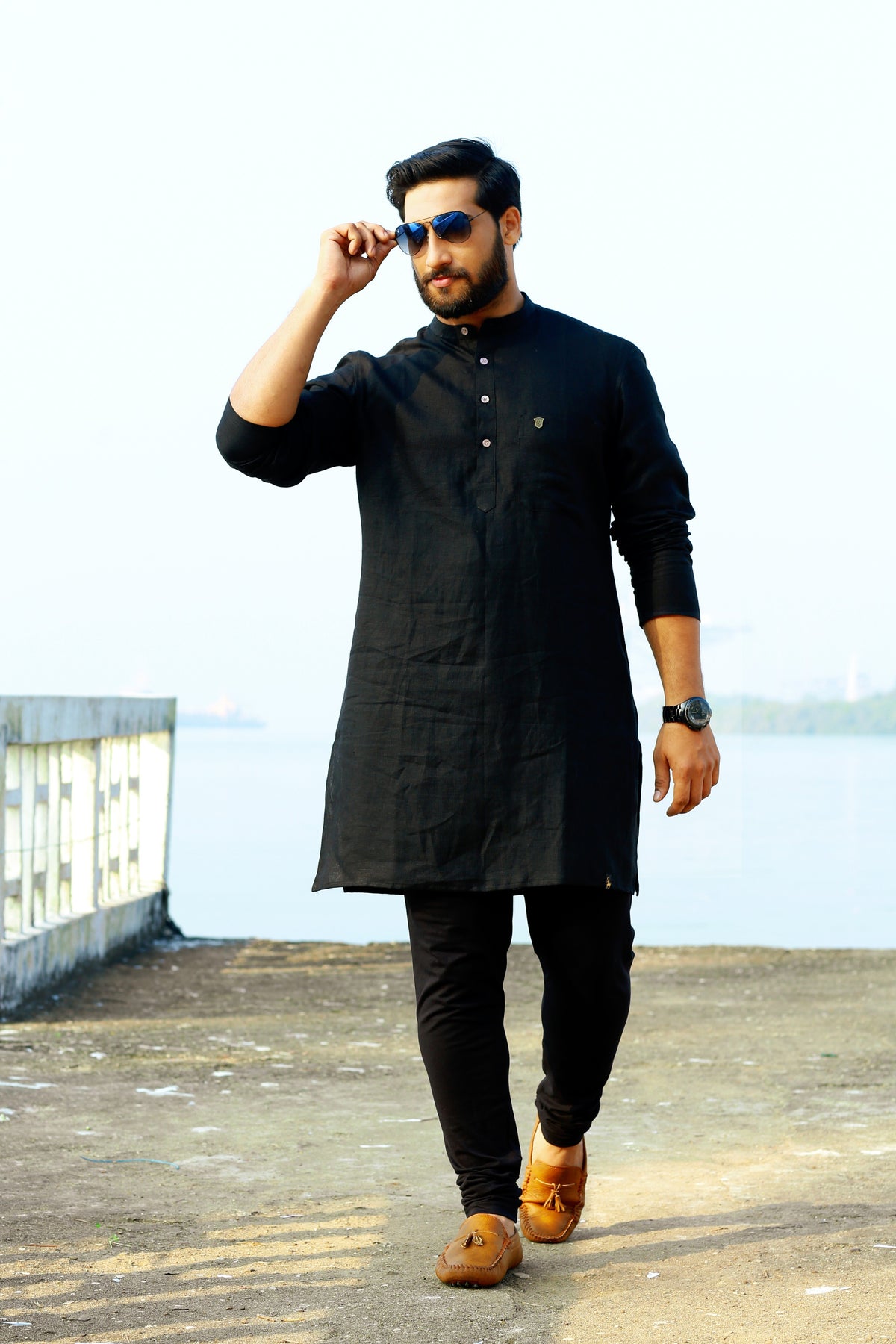 Raven Black Irish Linen Kurta Set (Kurta + Black Bottom Pants)