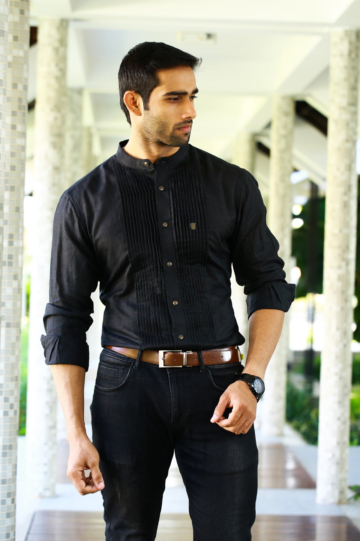 Raven Black Chinese Collar Vertical Pleated Linen Shirt (Only Shirt)