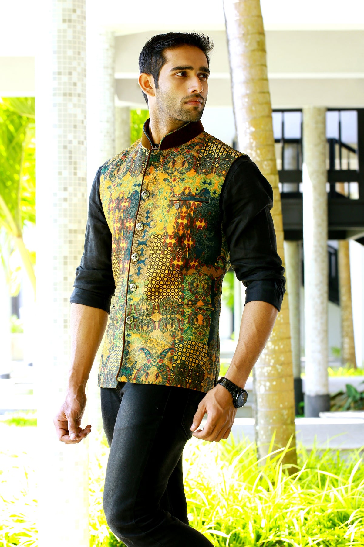Graffiti Print Nehru Jacket with Black Shirt & Black Bottom (Set of 3)