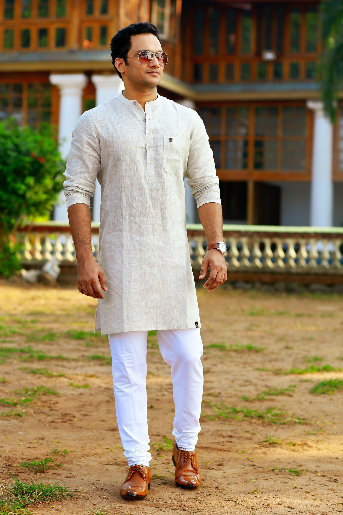 Ivory Beige Linen Kurta Set (Kurta + White Bottom Pants)