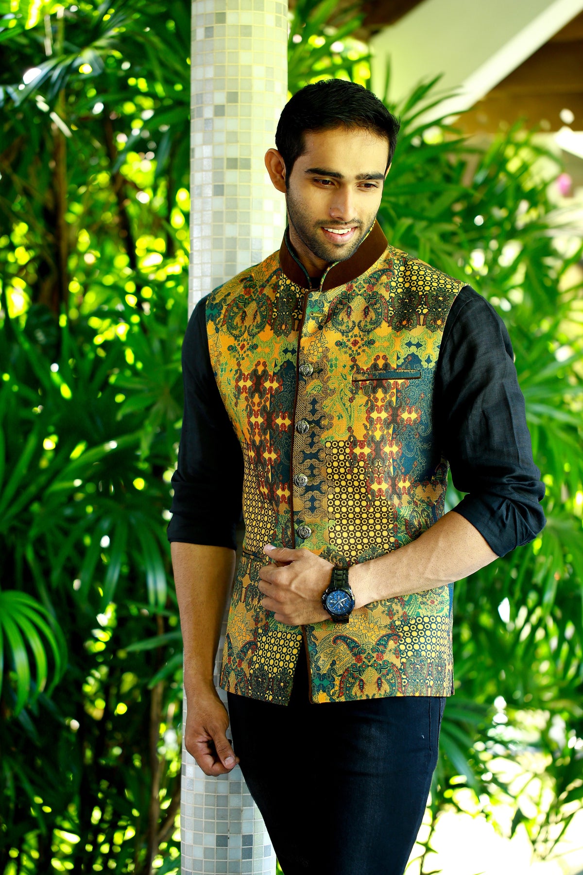 Graffiti Print Nehru Jacket with Black Shirt & Black Bottom (Set of 3)