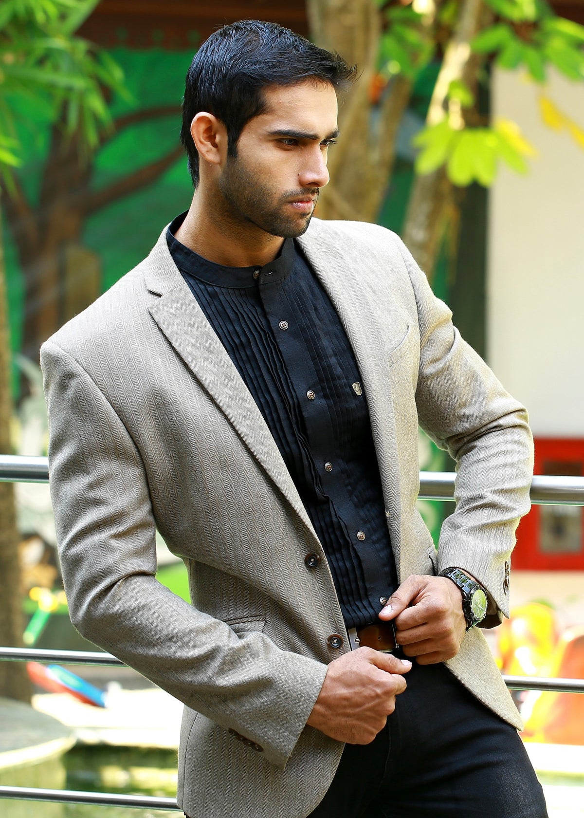 Beige Casual Blazer Set with Black Pleated Shirt & Pants (Set of 3)