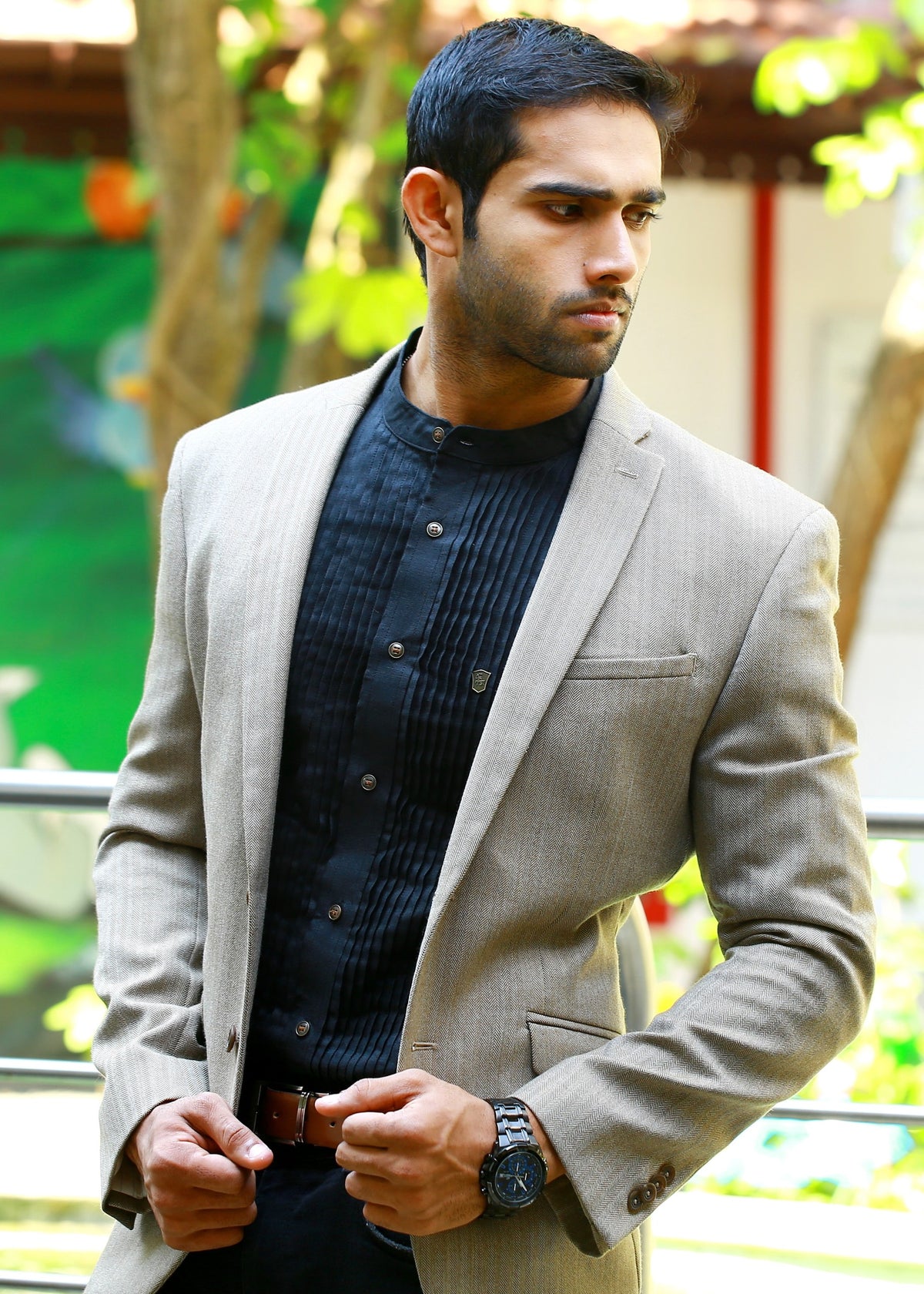 Beige Casual Blazer Set with Black Pleated Shirt & Pants (Set of 3)