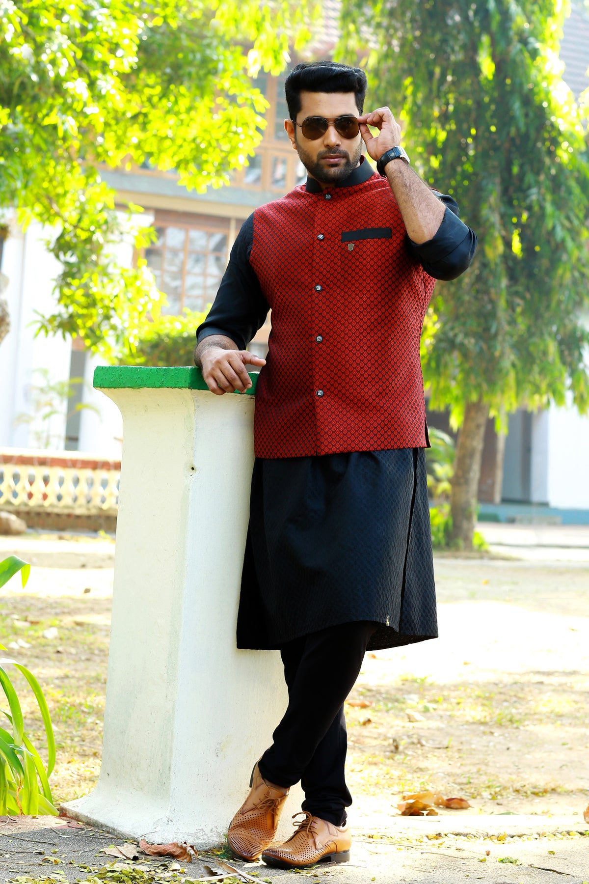 Scarlet Red Brocade Nehru Jacket with Black Kurta & Black Bottom (Set of 3)