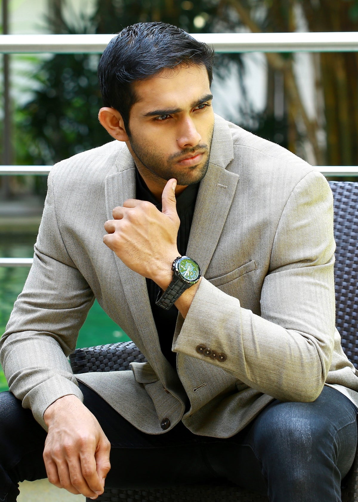 Beige Casual Blazer Set with Black Pleated Shirt & Pants (Set of 3)
