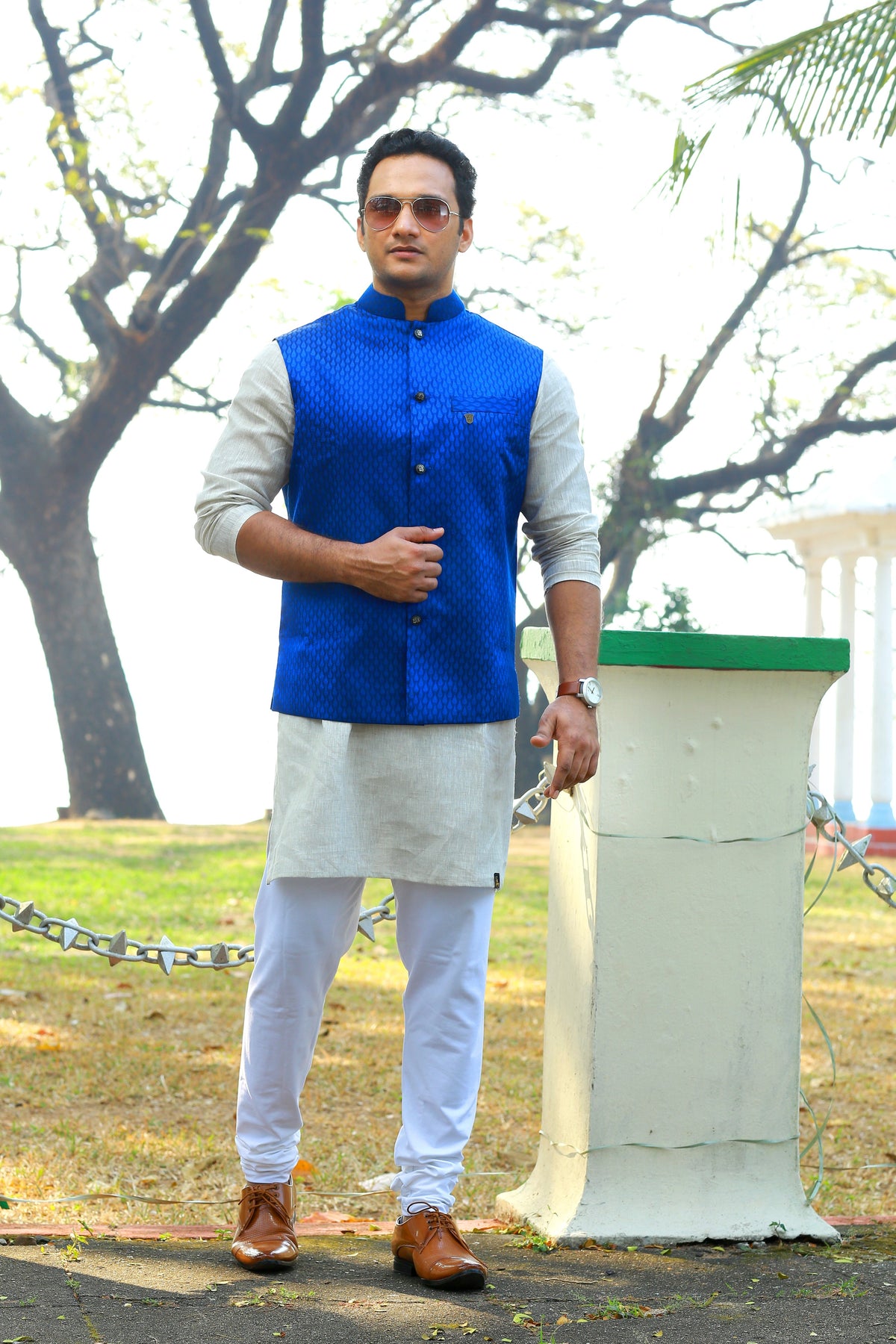 Saphire Blue Brocade Nehru Jacket with Beige Kurta & White Bottom (Set of 3)