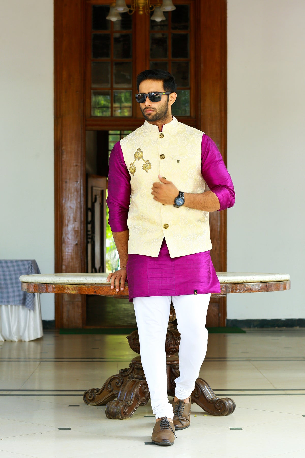 Buff Cream Brocade Nehru Jacket with Purple Kurta & White Bottom (Set of 3)