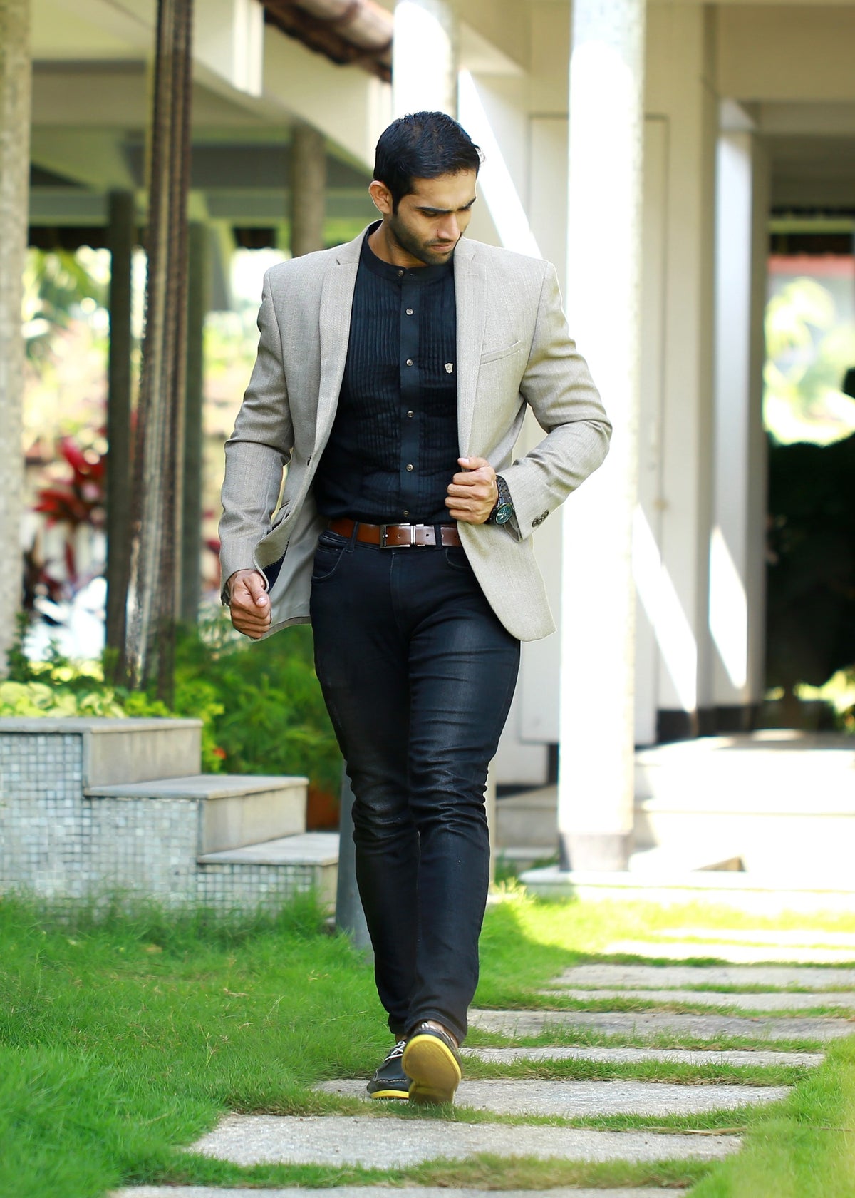 Beige Casual Blazer Set with Black Pleated Shirt & Pants (Set of 3)