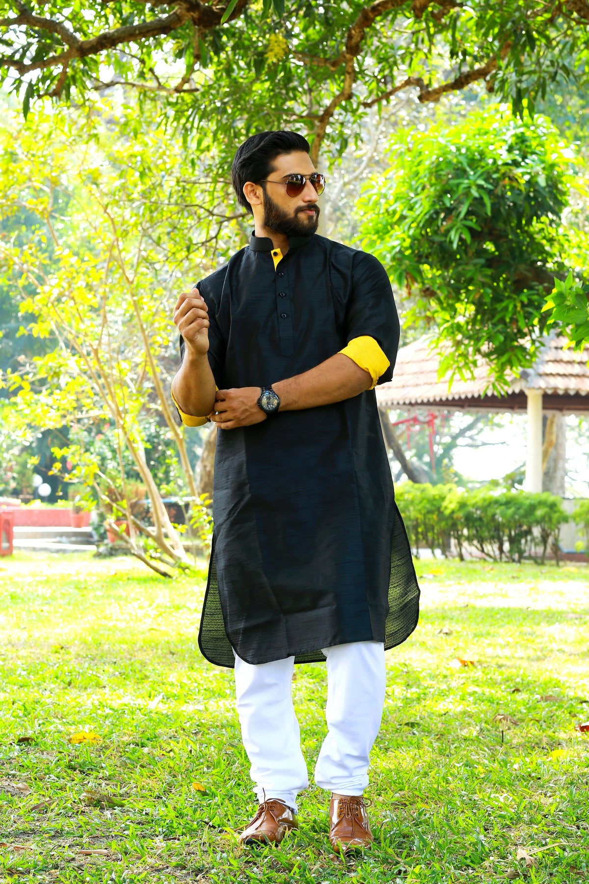 Onyx Black Kurta With Yellow Contrast Yellow Detailing (Only Kurta)