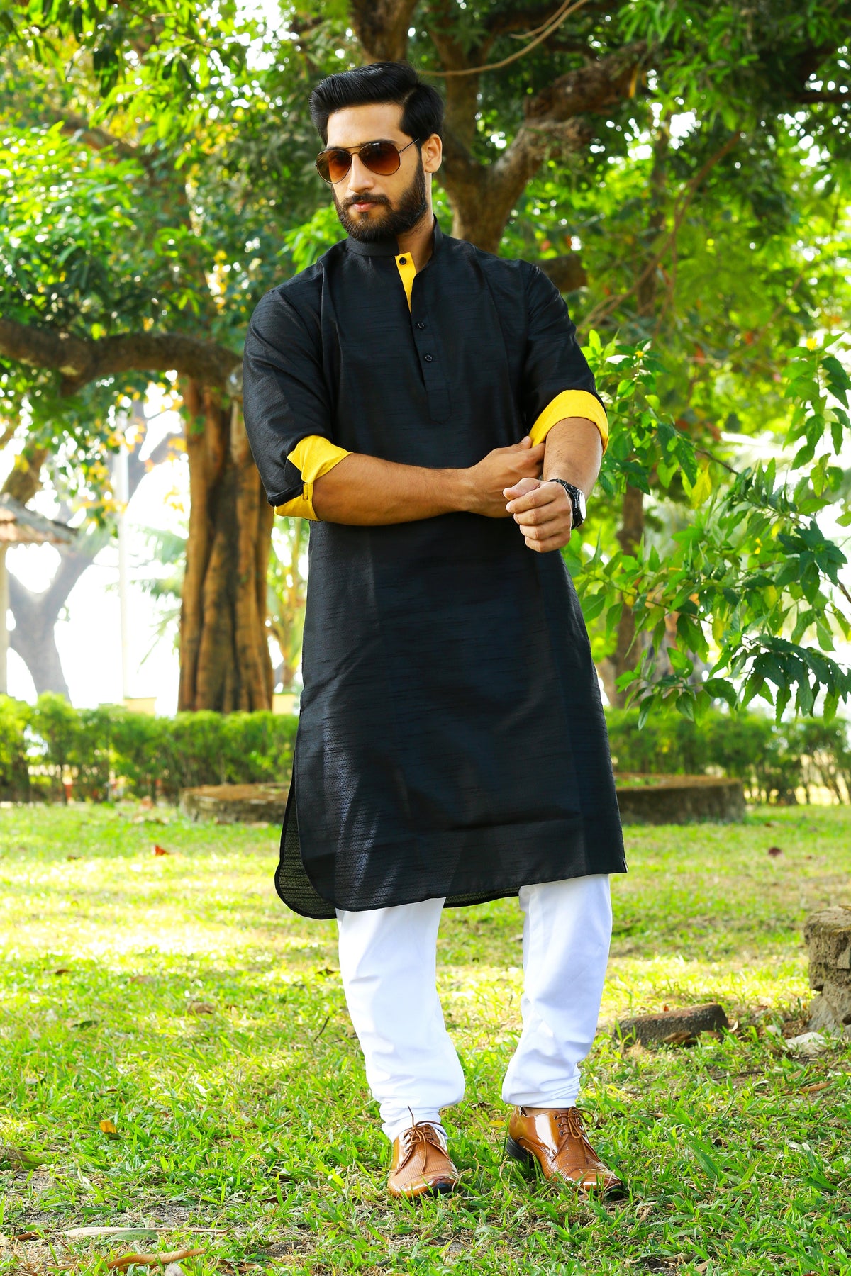 Onyx Black Kurta With Yellow Contrast Yellow Detailing (Only Kurta)