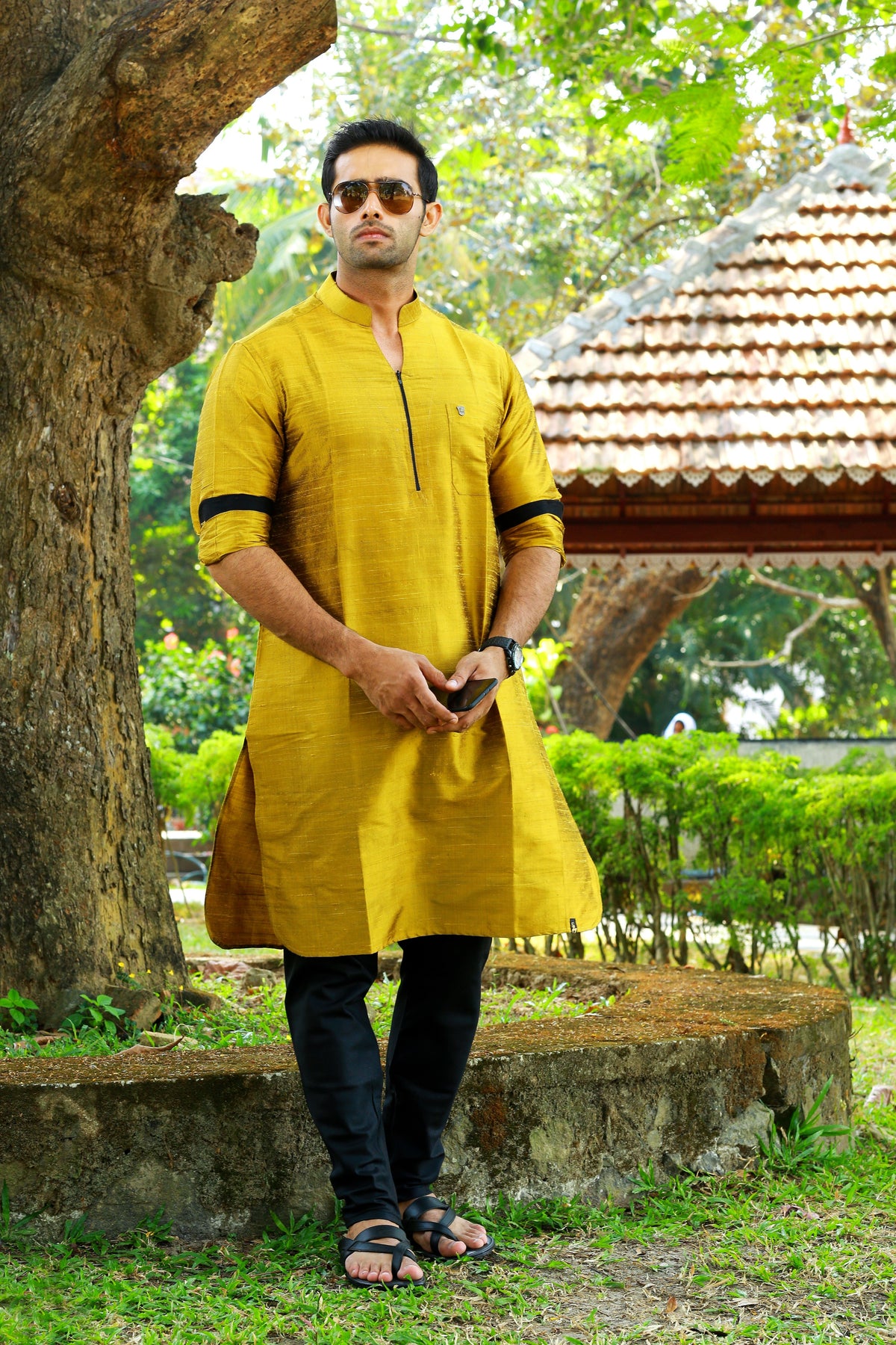 Mustard Yellow Kurta Set with Black Contrast Detailing (Kurta + Black Bottom Pants)