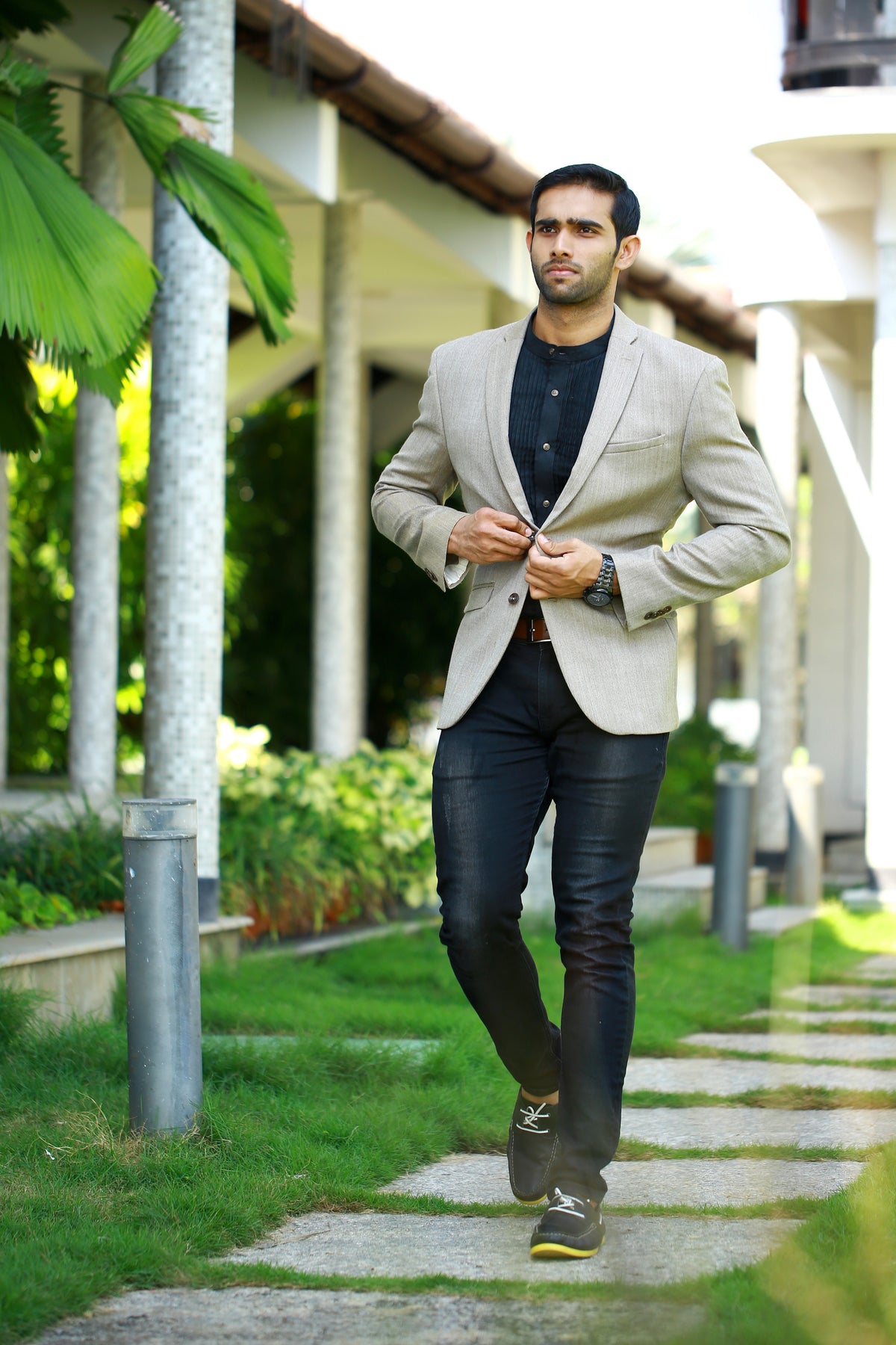 Beige Casual Blazer Set with Black Pleated Shirt & Pants (Set of 3)