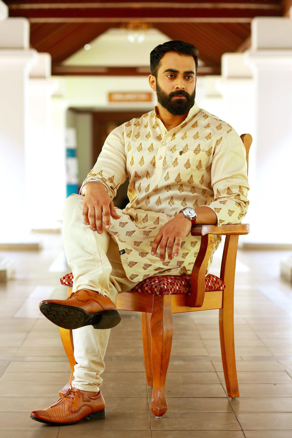 Buff Beige Kurta Set with Heavy Hand Work Detailing (Kurta + Beige Bottom Pants)