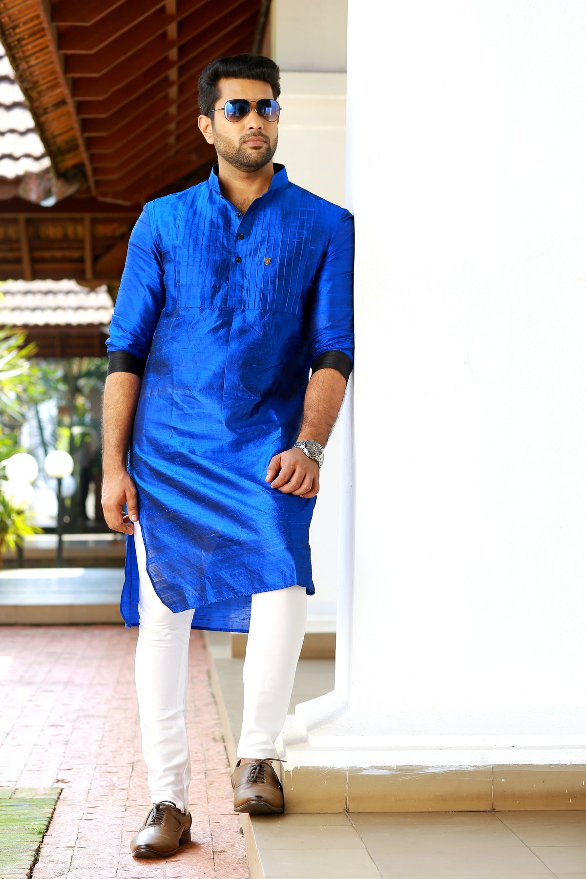 Persian Blue Vertical Tucked Kurta (Only Kurta)