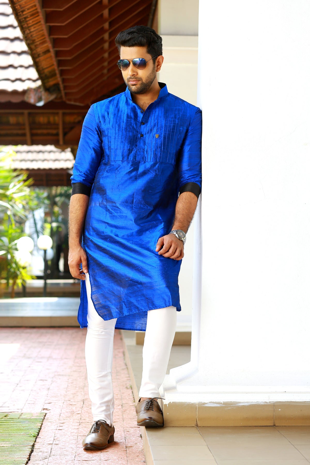 Persian Blue Vertical Tucked Kurta (Only Kurta)